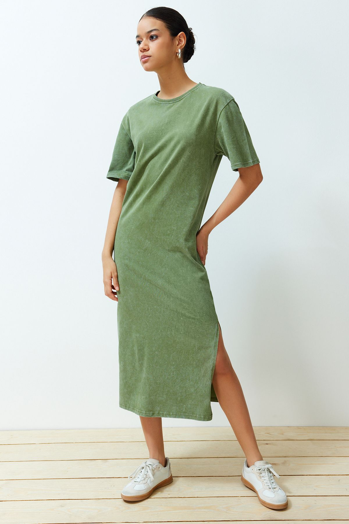 Trendyol Collection Khaki, 100% Bawełna, Efekt Antycznego, Rozcięcie/wygodny Krój, Dzianinowy T-shirt Dress Kobieta - XL
