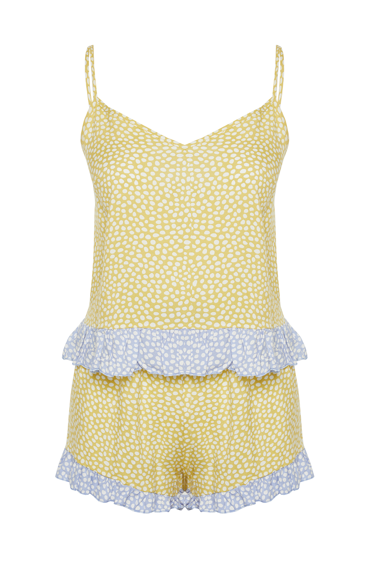 Trendyolmilla  Sarı-Çok Renkli Puantiyeli Fırfırlı İp Askılı Viskon Şortlu Dokuma Pijama Takımı THMSS24PT00124 - Görsel 7