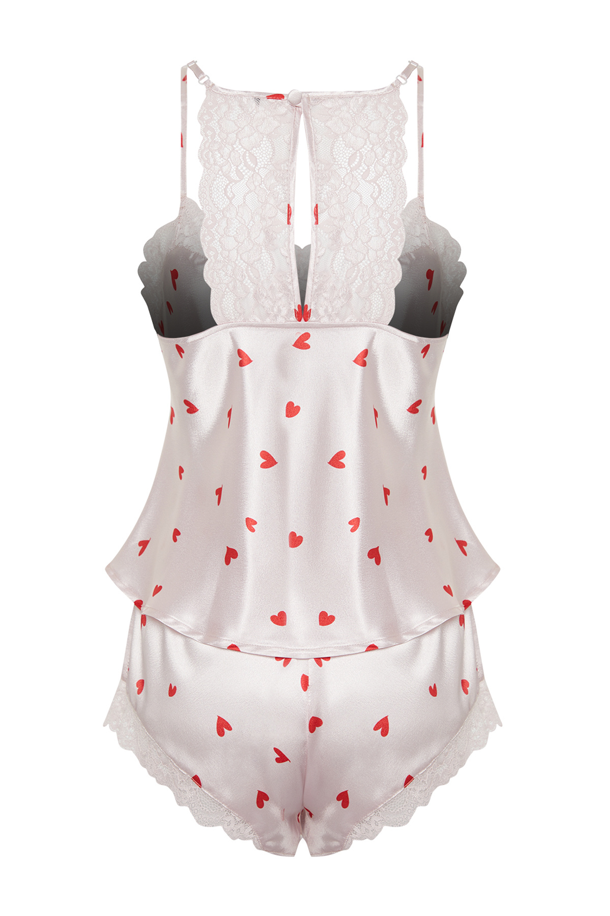 Trendyol Collection-Gewebtes Pyjama-Set mit Puderherz-Spitzenrücken, detaillierten Seilträgern und Satin-Shorts THMSS24PT00117 8