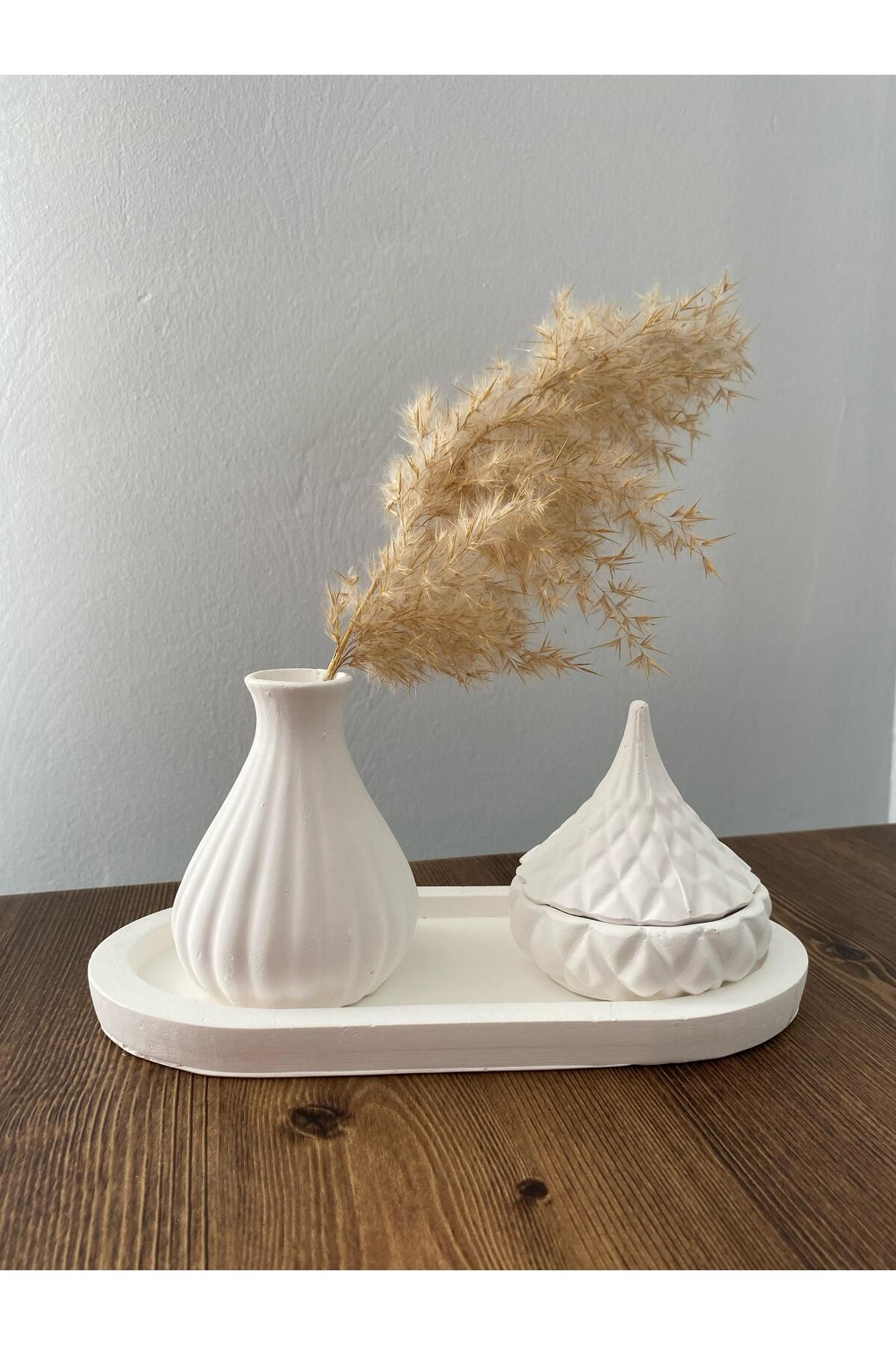 OBLİVİON-Minimalist White Vase and Candle Set with Lid - Flat Stand (Handmade) 3