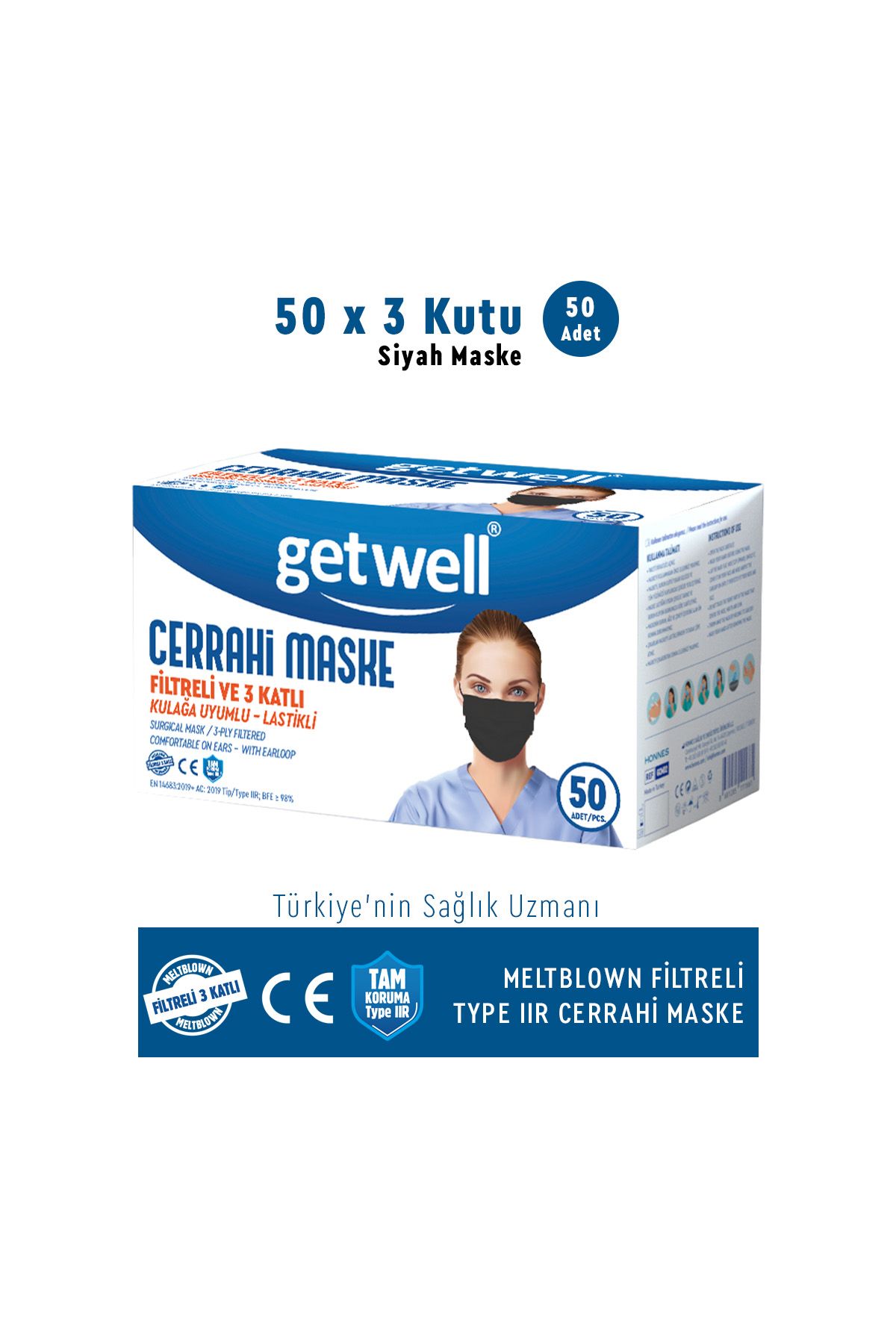 Getwell Siyah Meltblown Filtreli ve 3 Katlı Cerrahi Maske 3 kutu