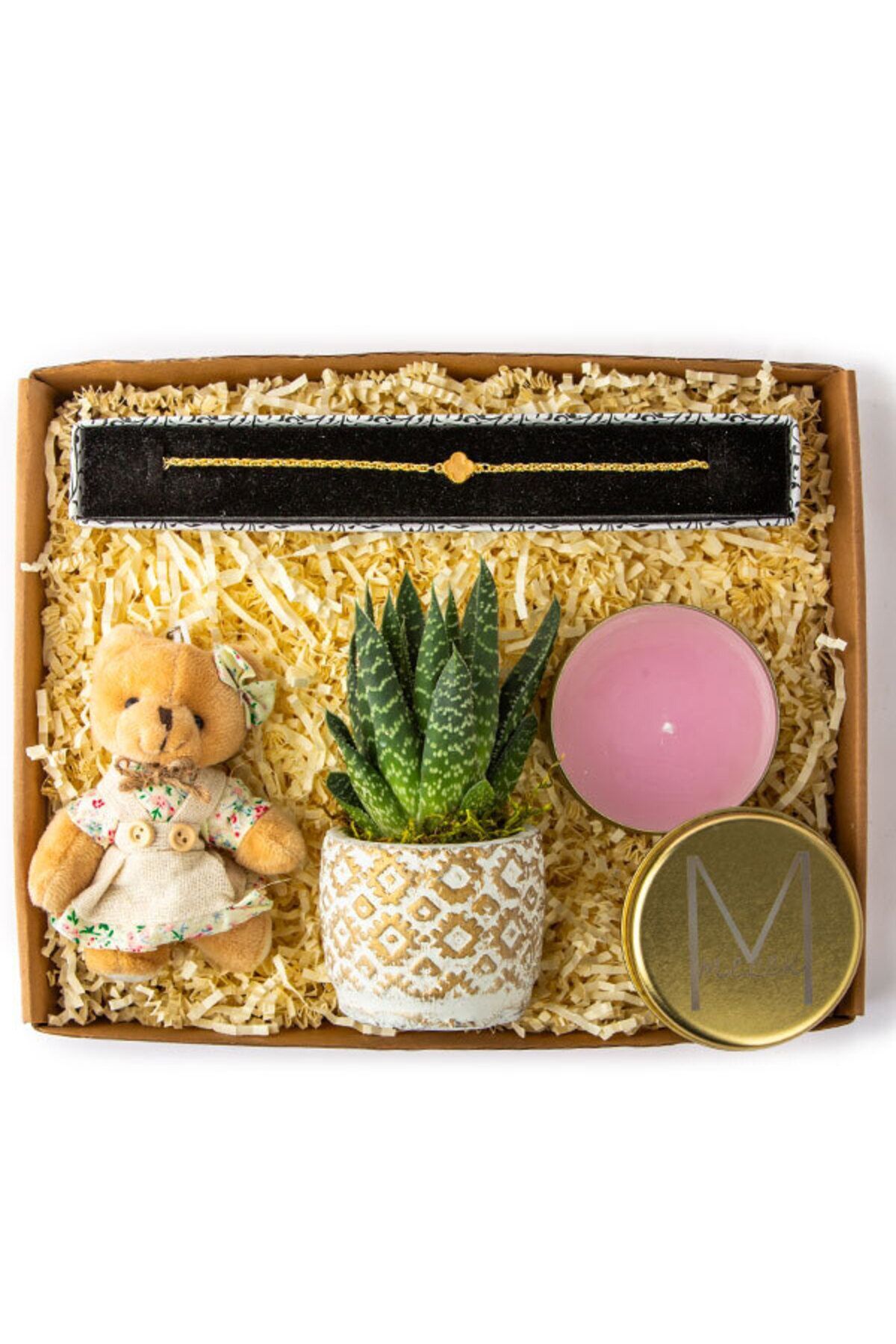 ATÖLYE247 Kişiye Özel Metal Mum Otantik Serisi Howartia Yonca Bileklik Peluş Ayıcık Anahtarlık Hediye Seti