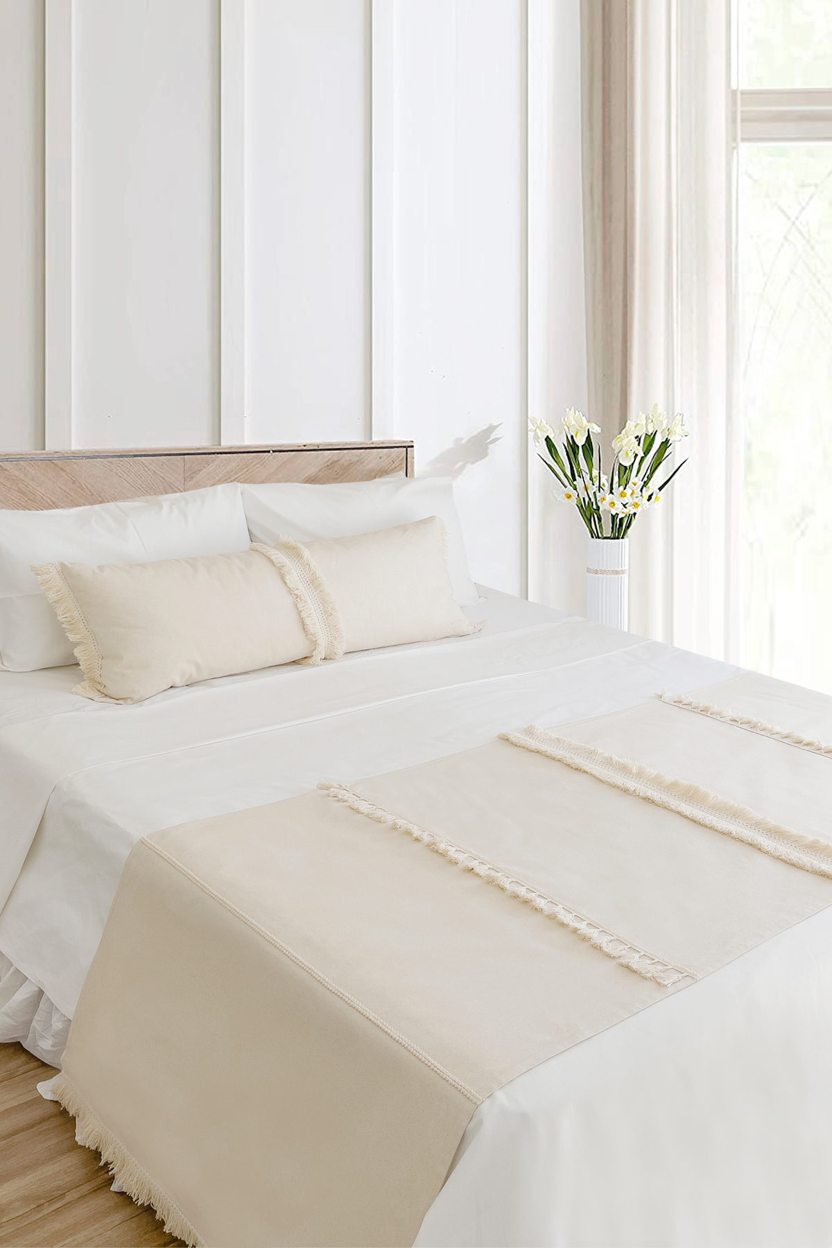 RİTMOHOME Yatak Runner & Iç Dolgulu Kırlent Seti Çift Kişilik Çeyiz Püsküllü Saçaklı Krem Country 3