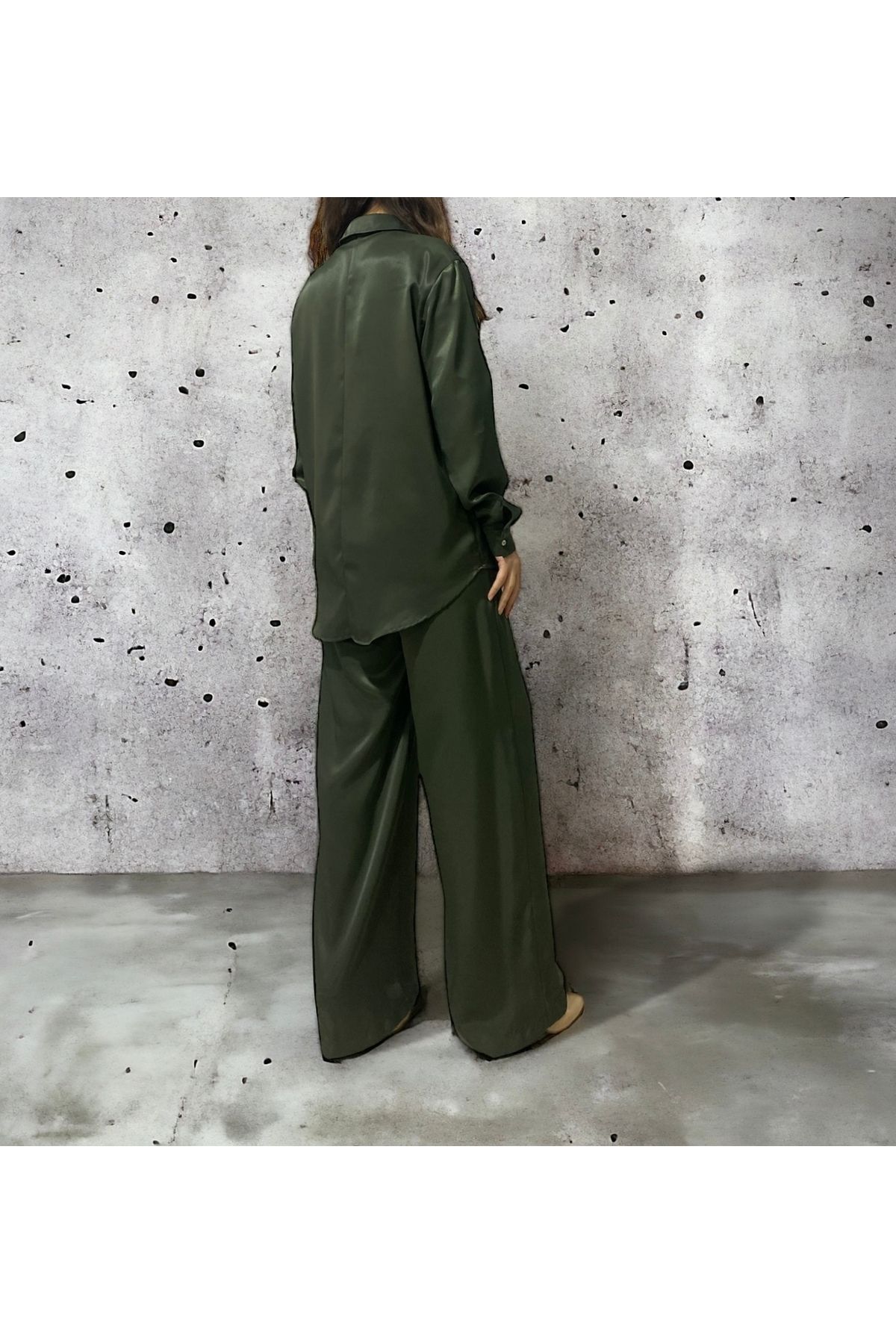 İrem Tekstil-Women's Green Satin Shirt Pants Set 2