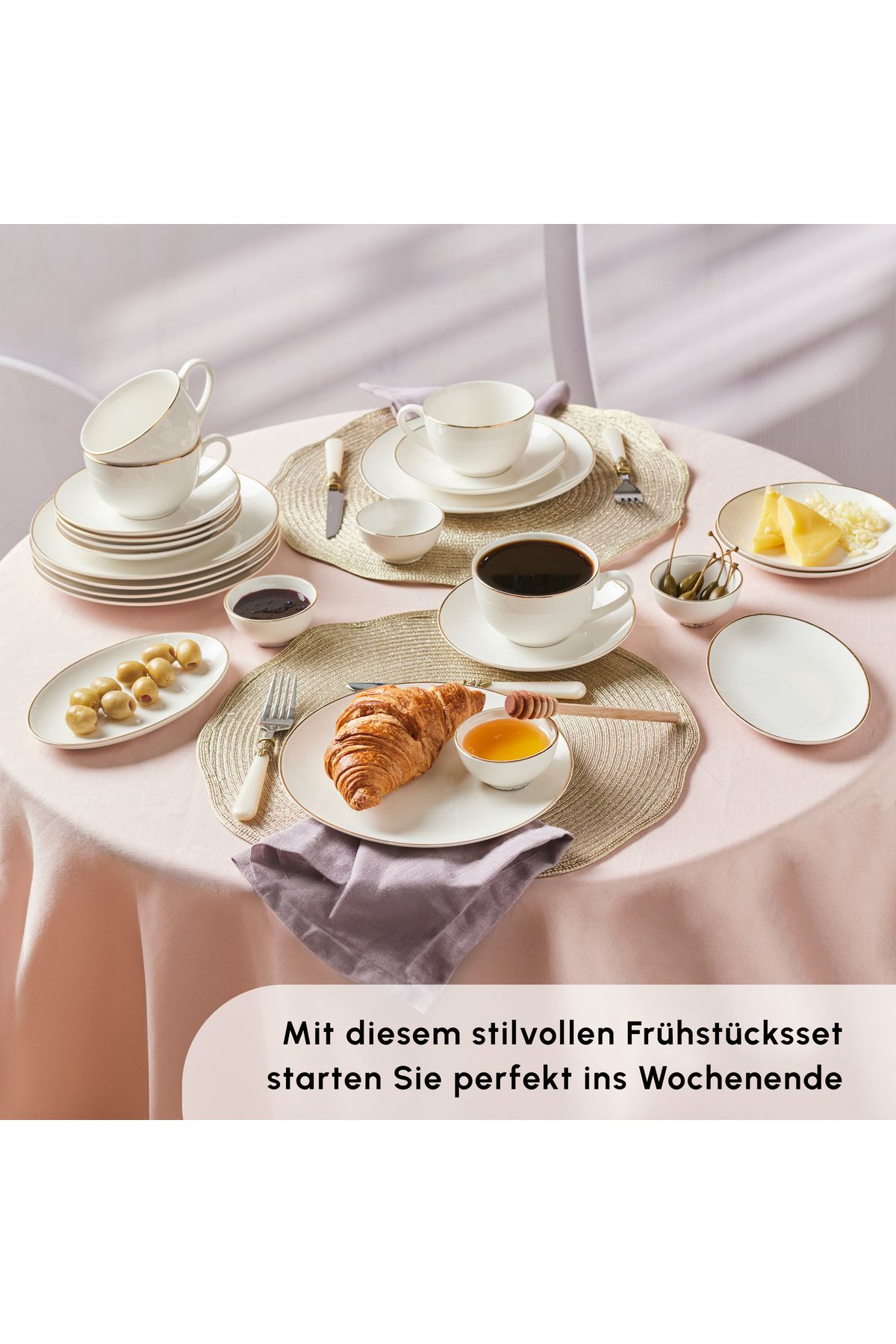 Karaca-Marcelo Gold Frühstücksset für 6 Personen 26-teiliges Geschirrset mit Tellern und Schalen Set 4