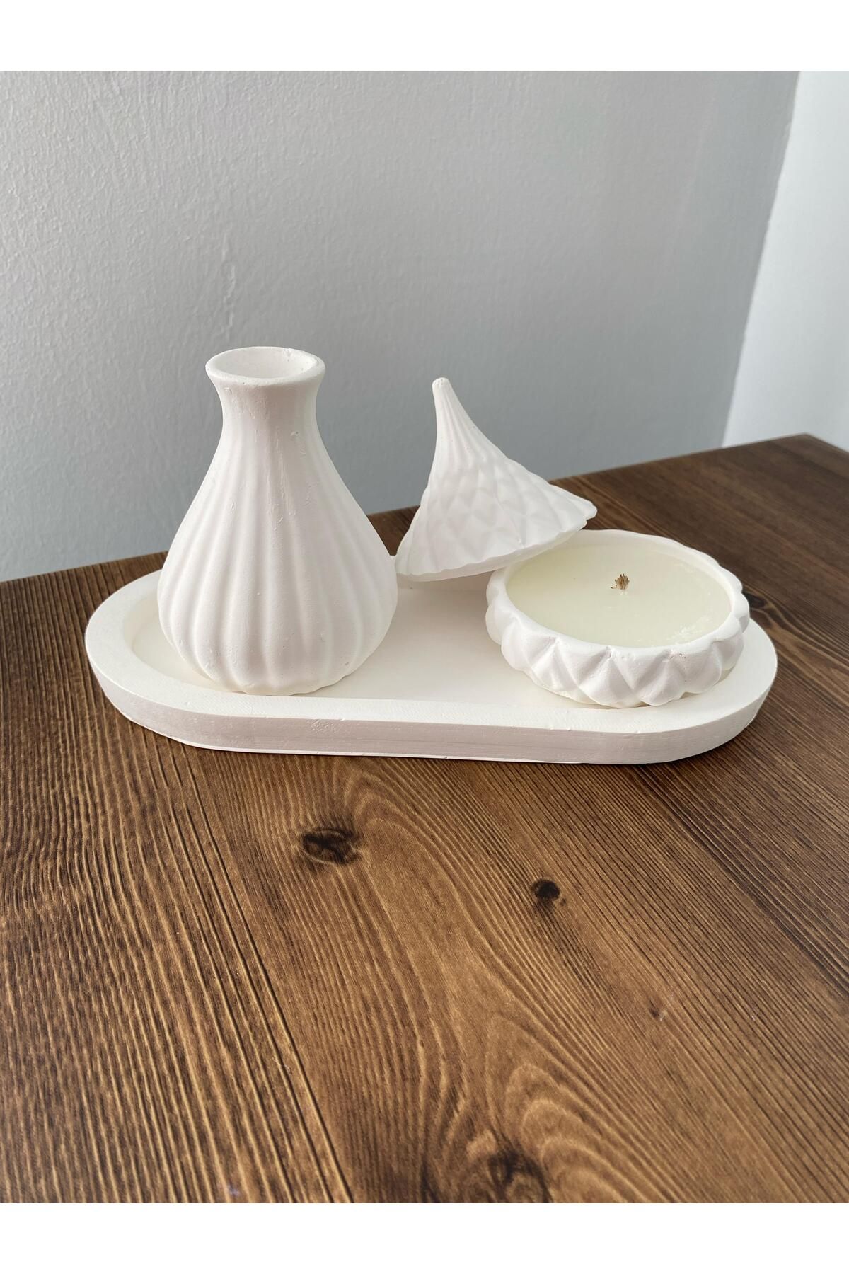 OBLİVİON-Minimalist White Vase and Candle Set with Lid - Flat Stand (Handmade) 4