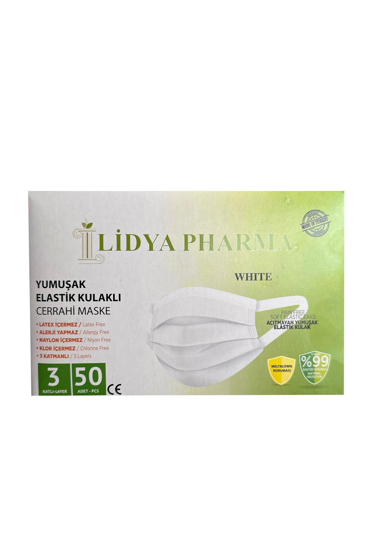 Lidya Pharma Lidya Maske 3 Katlı Telli Geniş Lastikli Beyaz Meltblownlu 10'lu Poşetlenmiş Cerrahi Telli 50'li