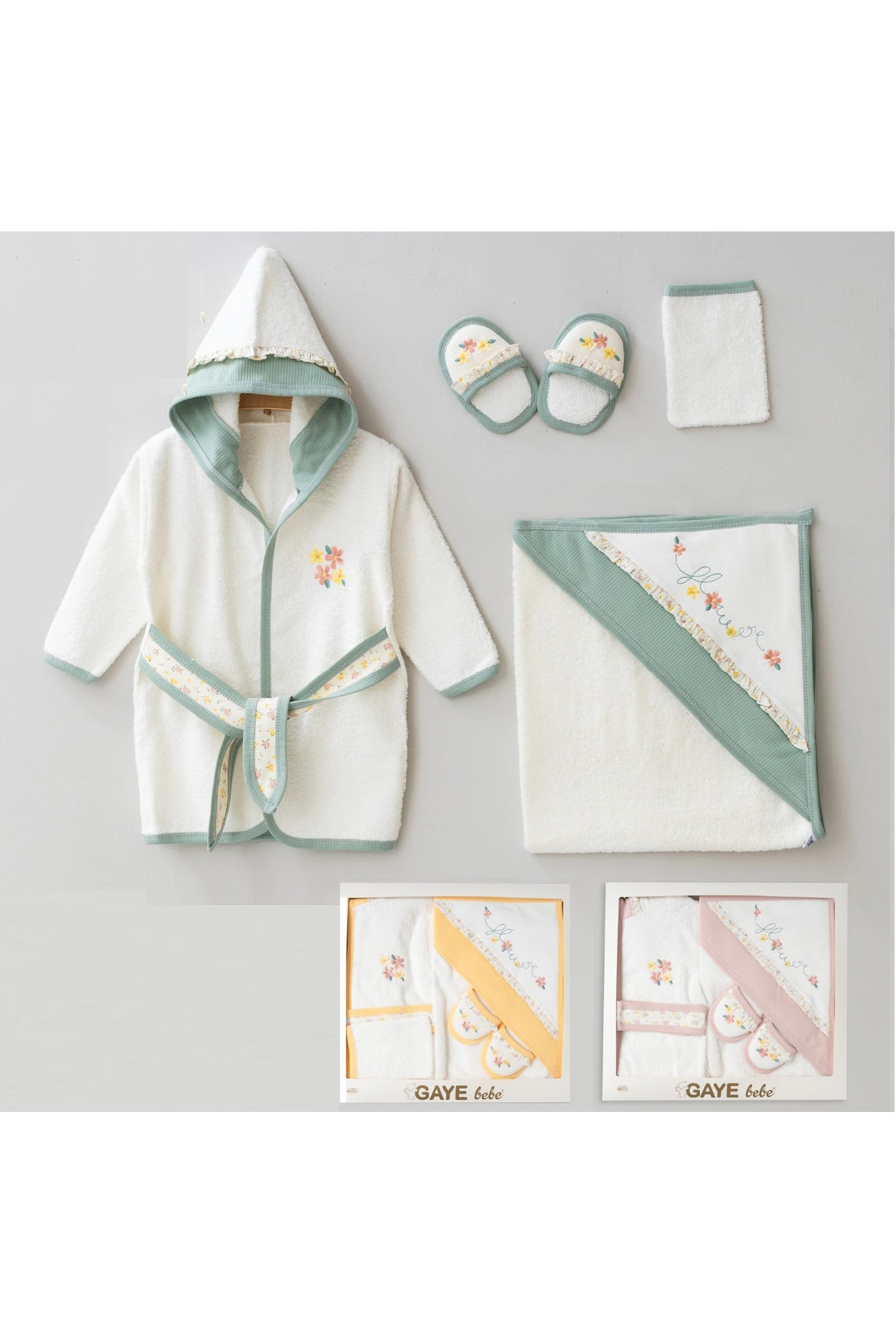 Gaye Bebe Çiçek Nakışlı Gaye Bebek Havlu Bornoz Seti Organik Antibakteriyel