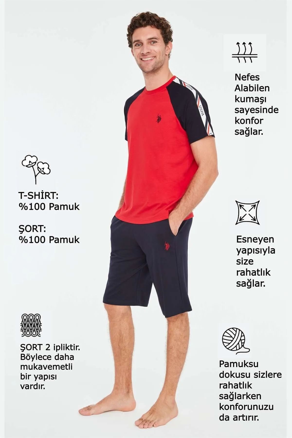 ست پیژامه قرمز مردانه پولو اسن ایالات متحده 18665 پیراهن شلوارک U.S. Polo Assn.