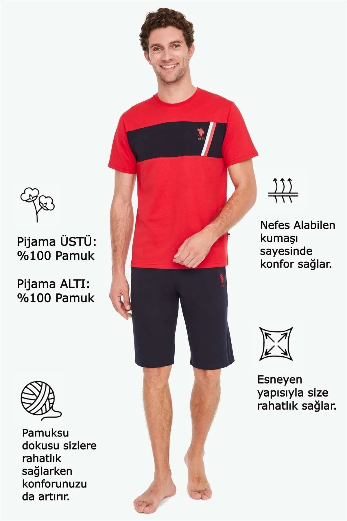 ست پیژامه قرمز مردانه پولو اسن ایالات متحده 18663 پیراهن شلوارک U.S. Polo Assn.