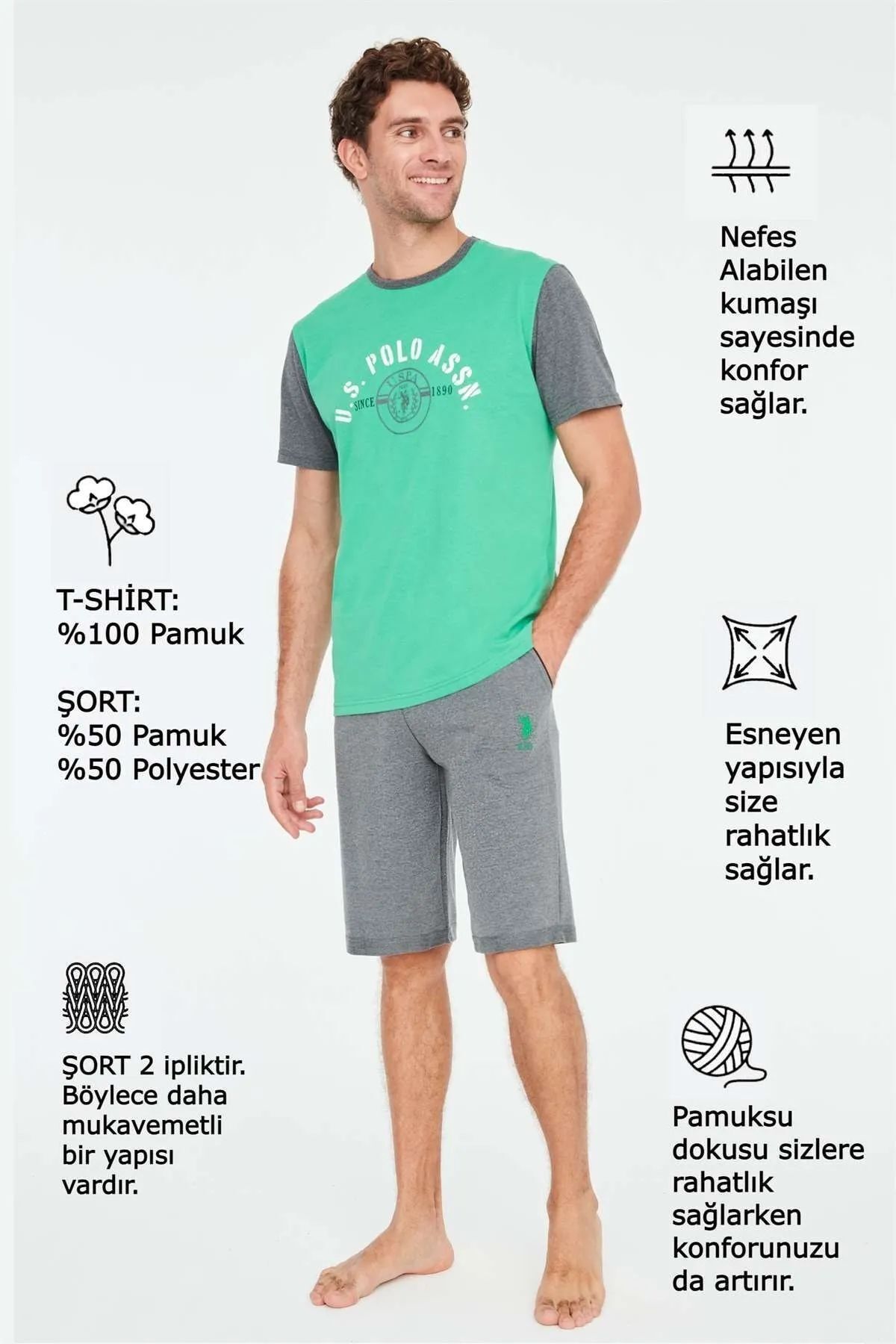 ست پیژامه سبز مردانه پولو اسن ایالات متحده 18673 پیراهن شلوارک U.S. Polo Assn.