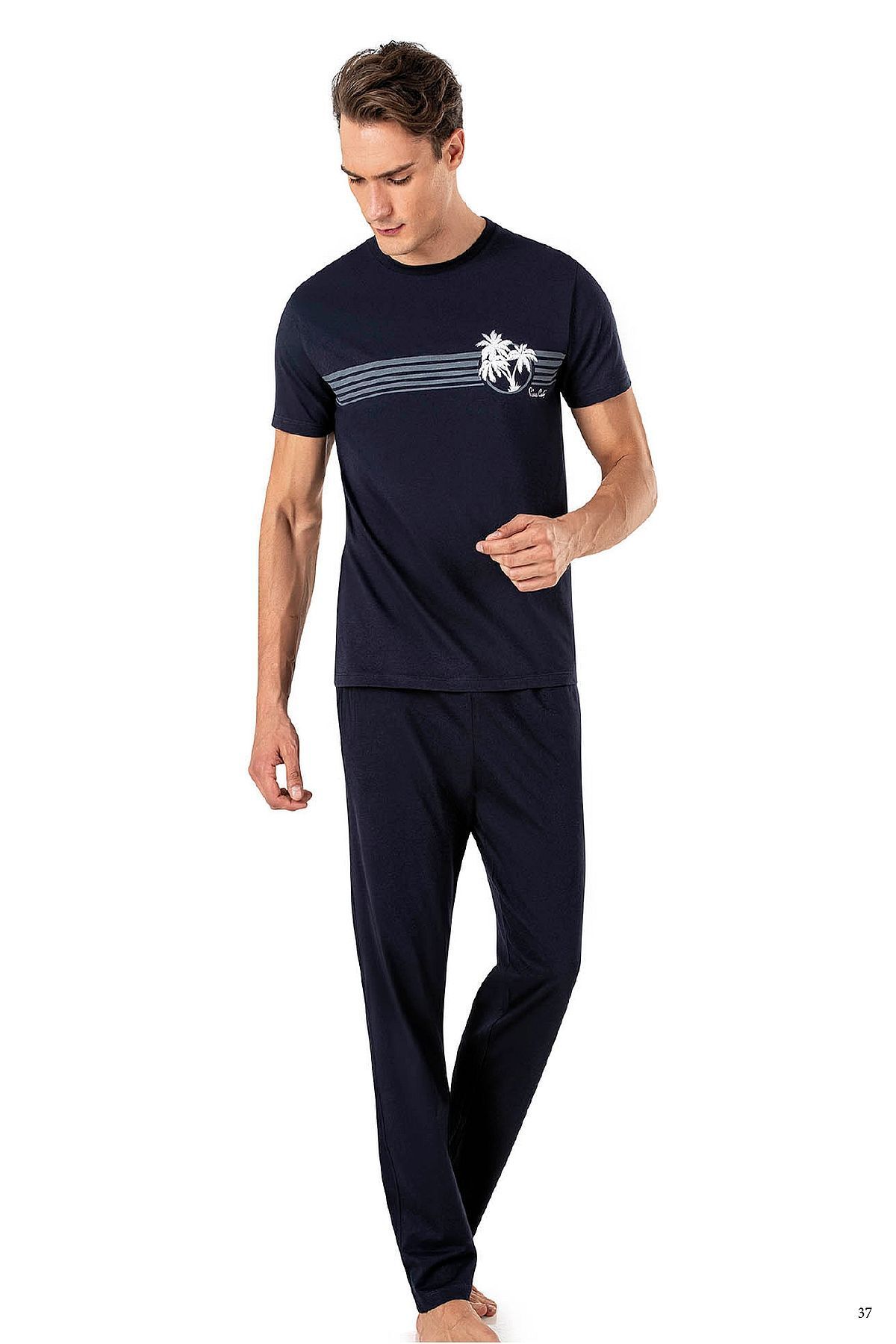 ست پیژامه آبی مردانه لباس خواب آستین کوتاه 6015 Pierre Cardin