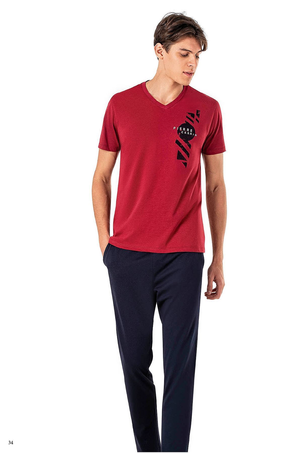 ست پیژامه قرمز مردانه لباس خواب آستین کوتاه 6011 Claret Red Pierre Cardin