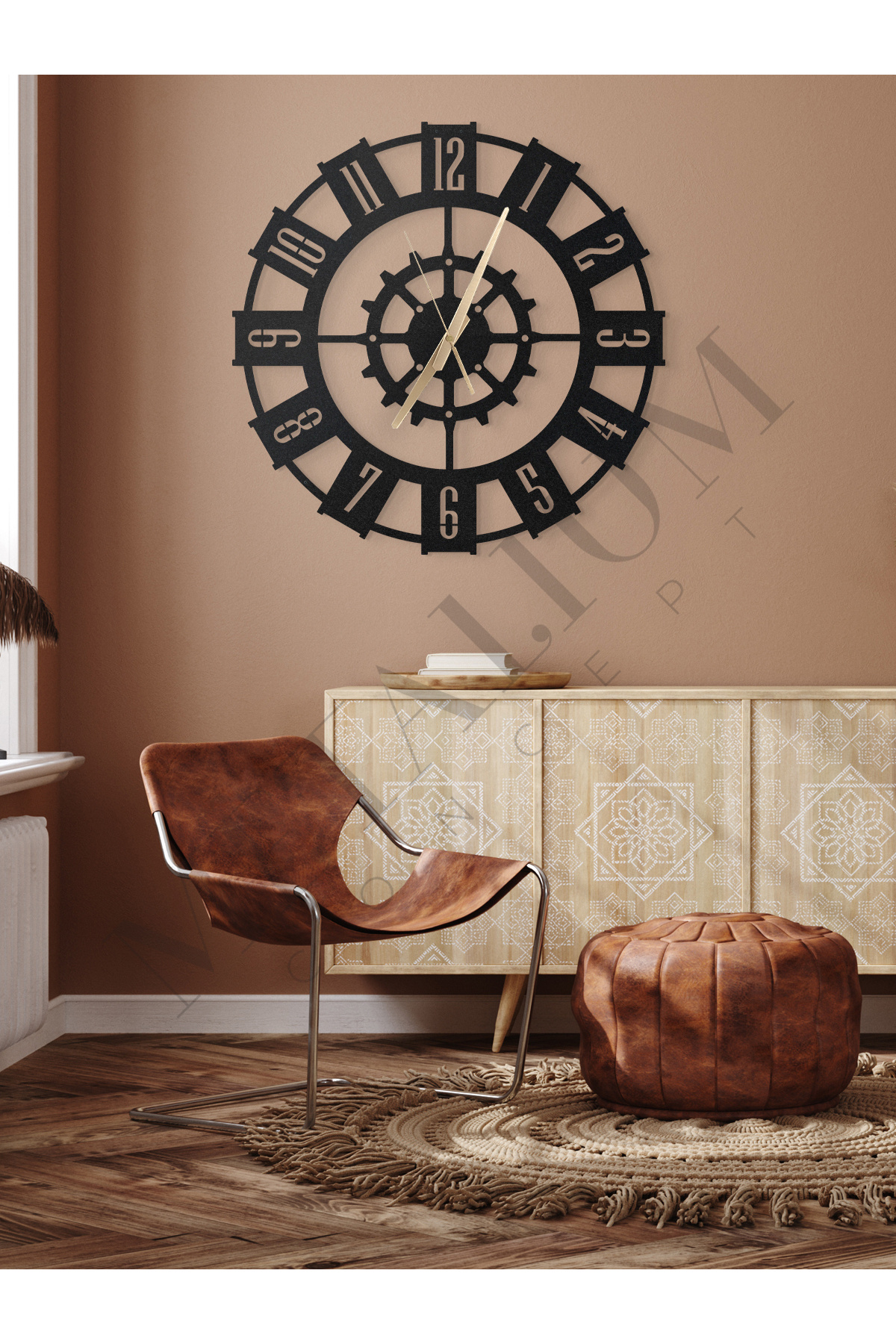 Decorative Turkish Numeral Silent Black Metal Wall Clock 45x45cm [1210-45x45]