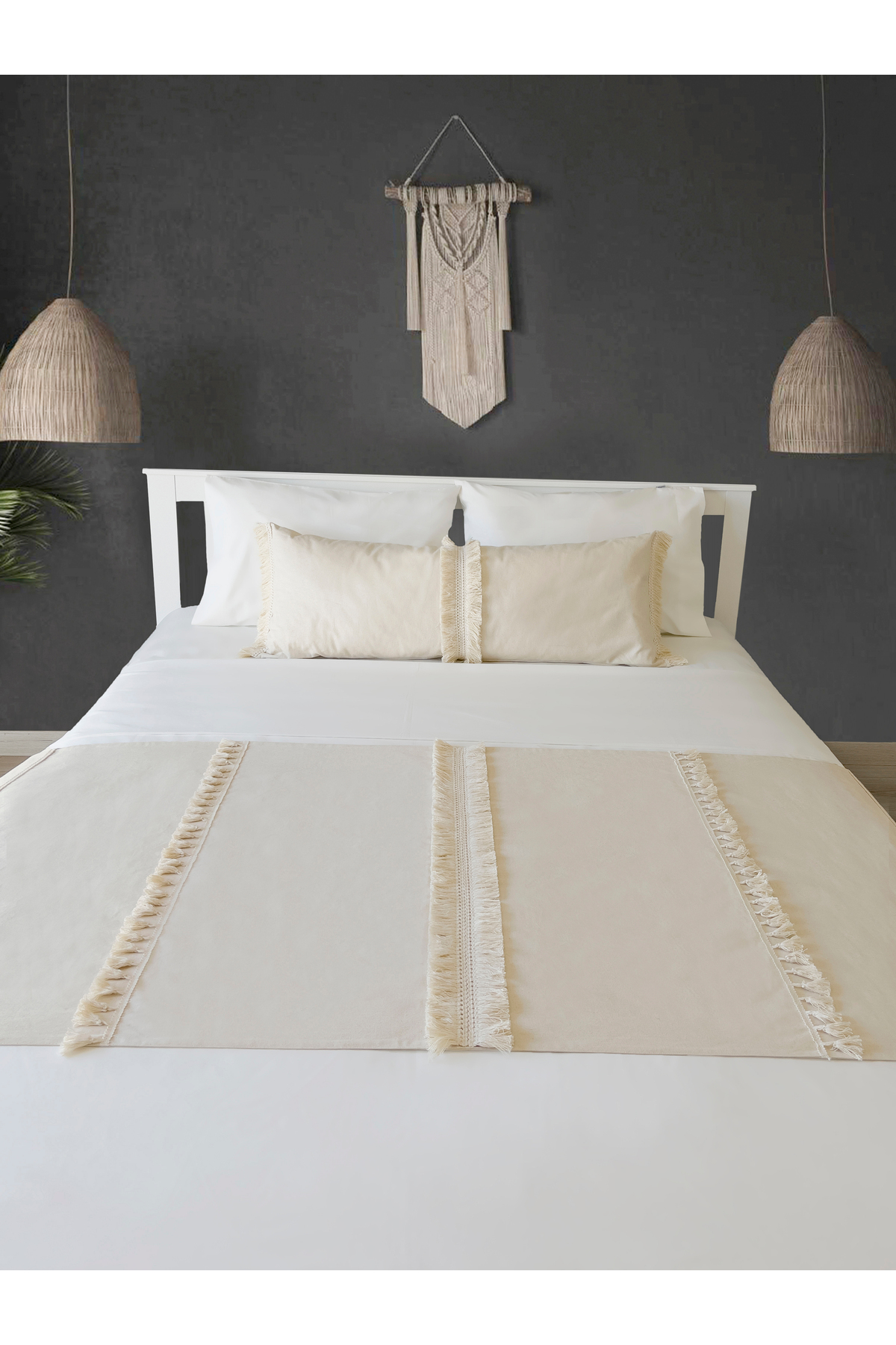 RİTMOHOME Yatak Runner & Iç Dolgulu Kırlent Seti Çift Kişilik Çeyiz Püsküllü Saçaklı Krem Country 5