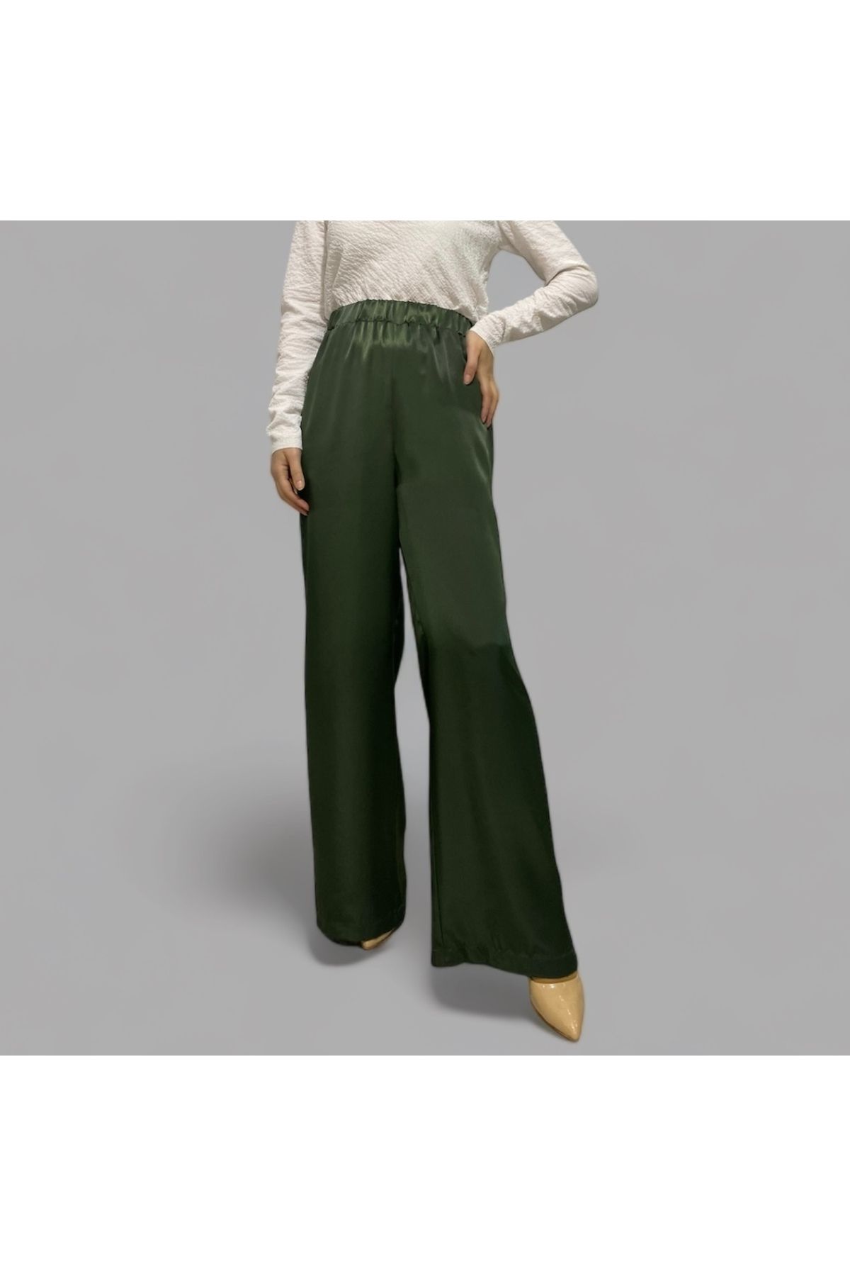 İrem Tekstil-Women's Green Satin Shirt Pants Set 3