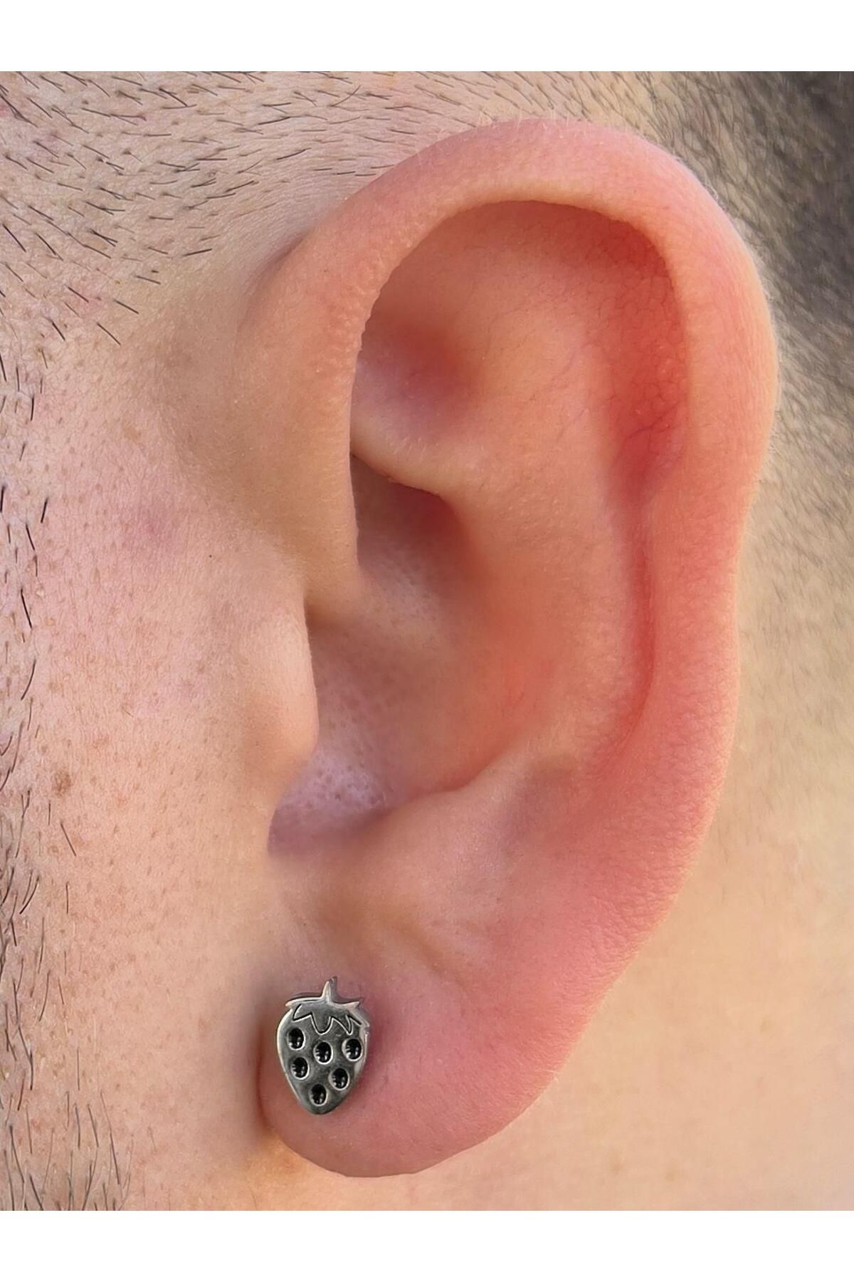 Piercing Market Steel & Silver-أقراط رجالية من الفولاذ بتصميم خاص على شكل فراولة لا تتلاشى 3