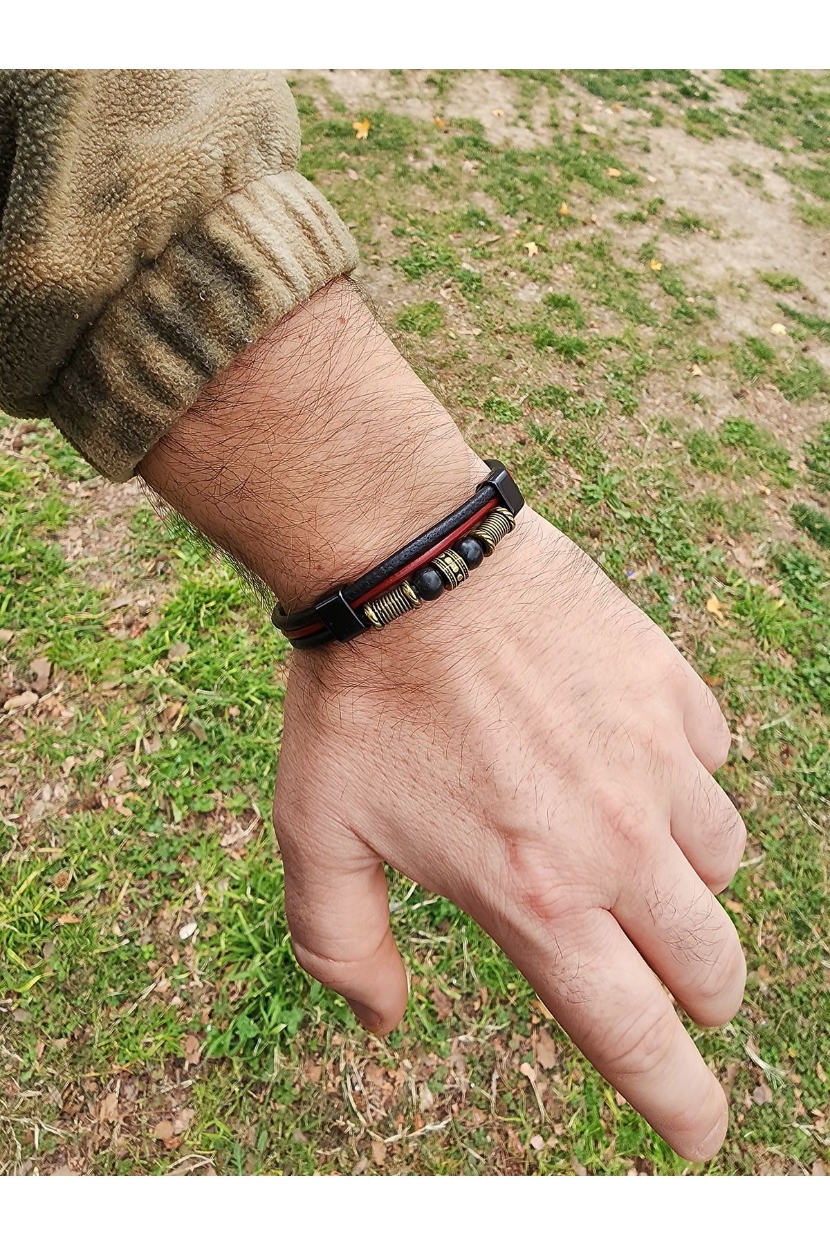 Deri Mıknatıslı Kapama Bileklik Bordo - Siyah