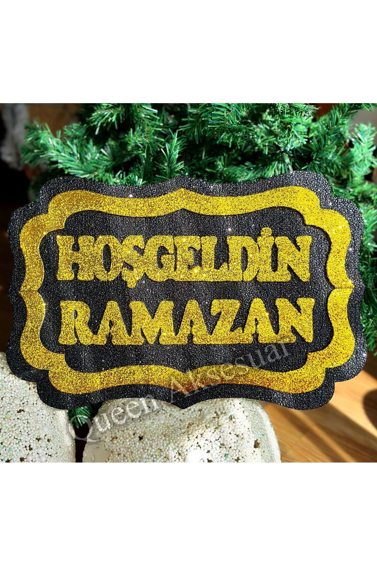 Welcome Ramadan written silvery frame wall door styrofoam ornamental decoration table black gold
