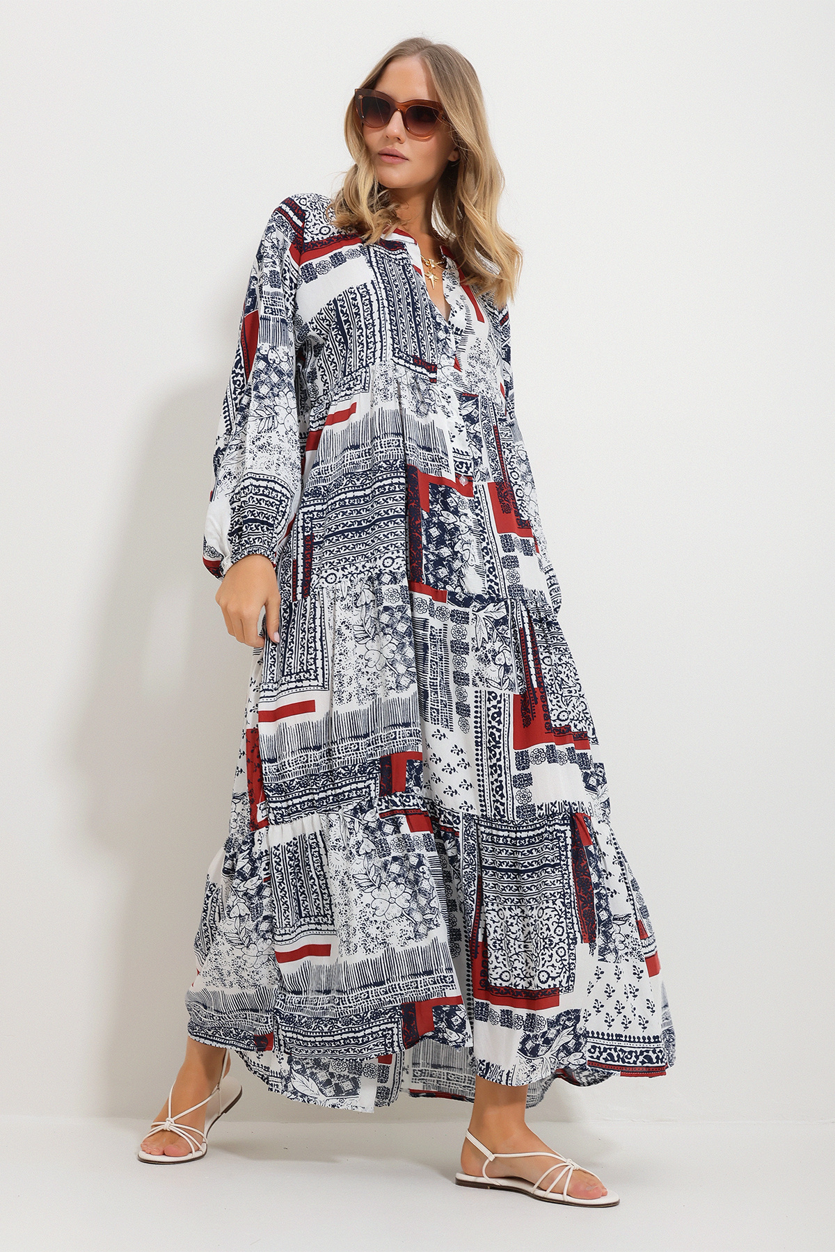 Trend Alaçatı Stili-Rochie lungă maxi cu modele cu șal cu guler judecător scorțișoară pentru femei Alc-X11593 2