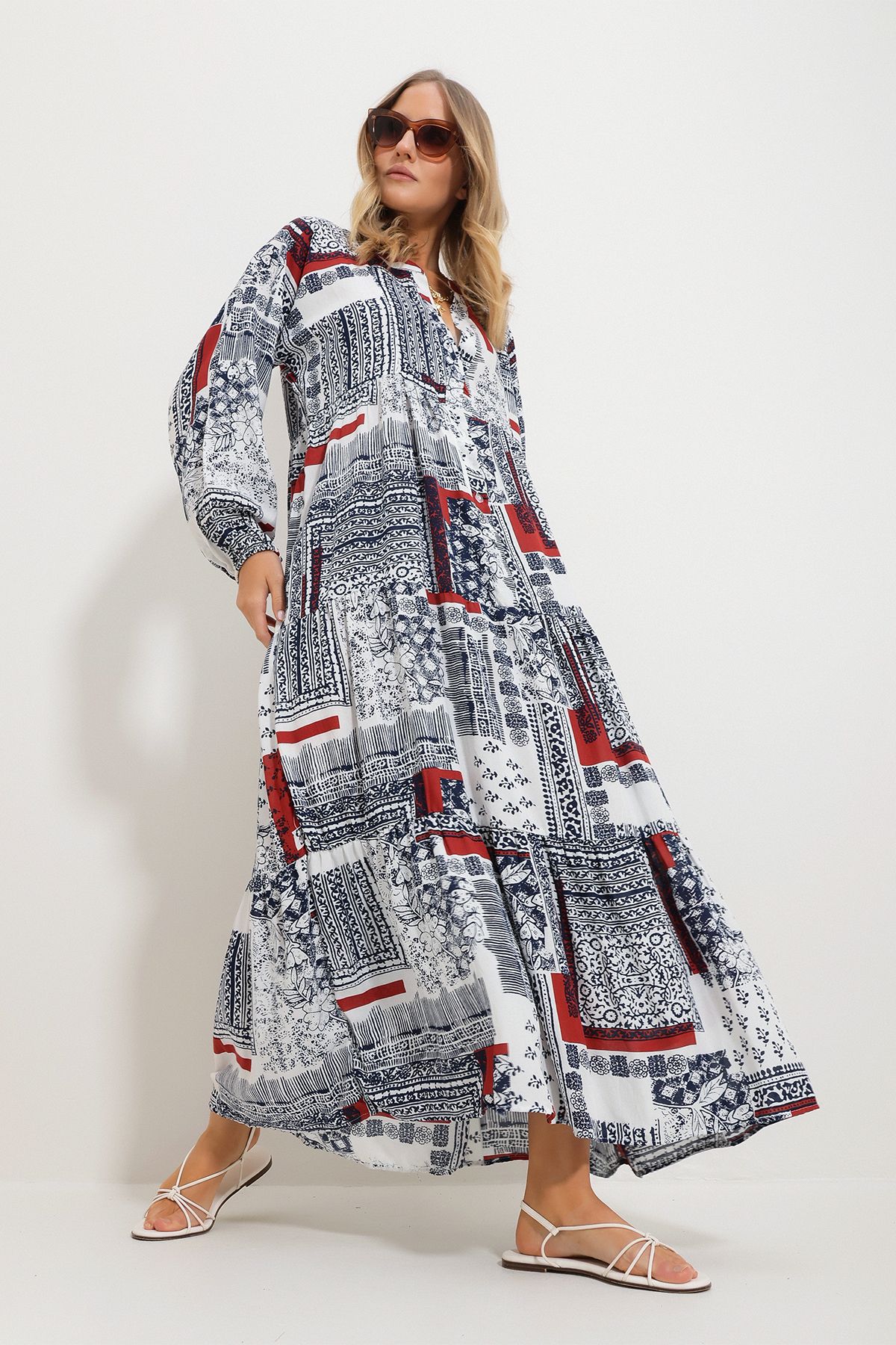 Trend Alaçatı Stili-Rochie lungă maxi cu modele cu șal cu guler judecător scorțișoară pentru femei Alc-X11593 3