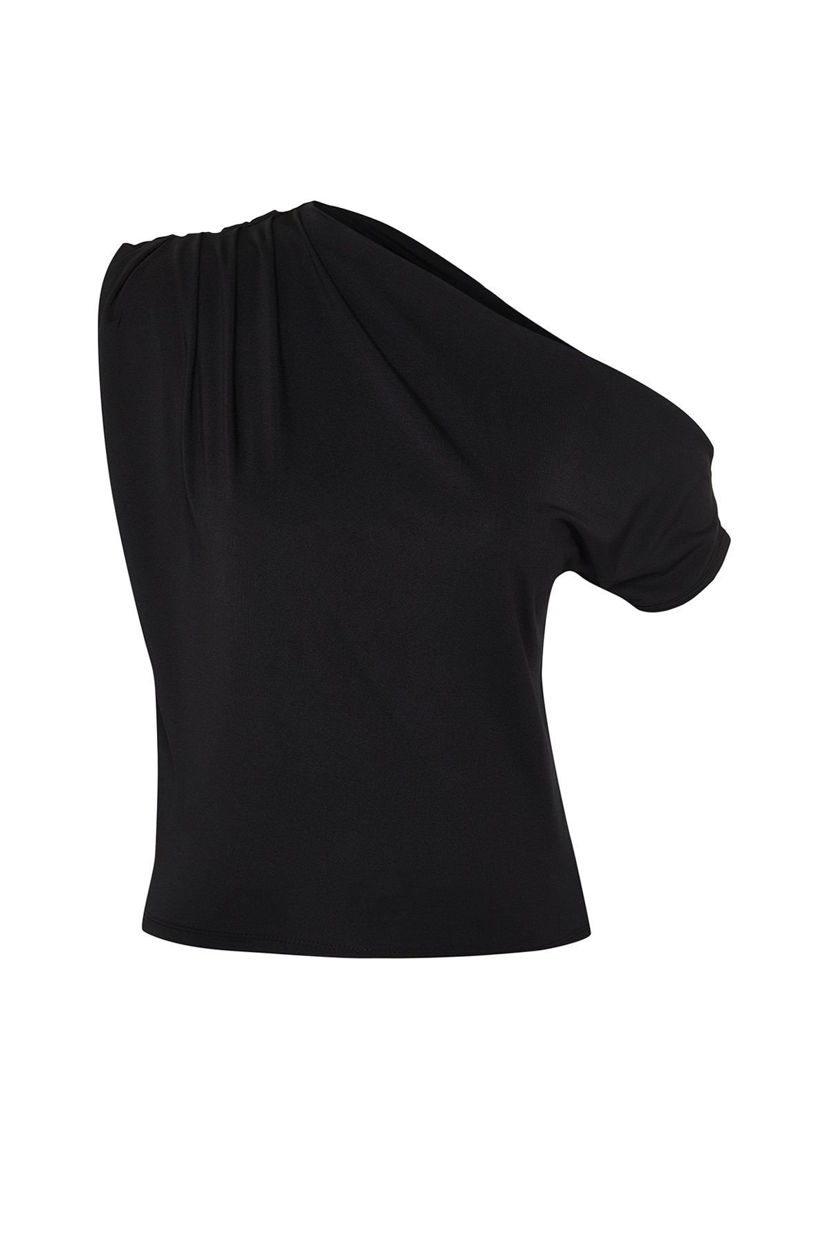 Trendyol Collection-Schwarze, flexible Strickbluse mit normaler/normaler Passform, asymmetrischem Ausschnitt, Nullärmeln und Druckknöpfen TWOSS24BZ00396 6