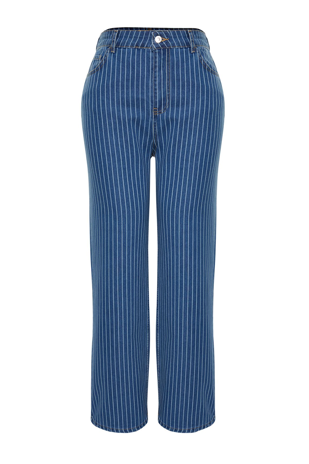 Trendyol Curve-Ciemnoniebieskie szerokie dżinsy w paski TBBSS24CJ00007 7