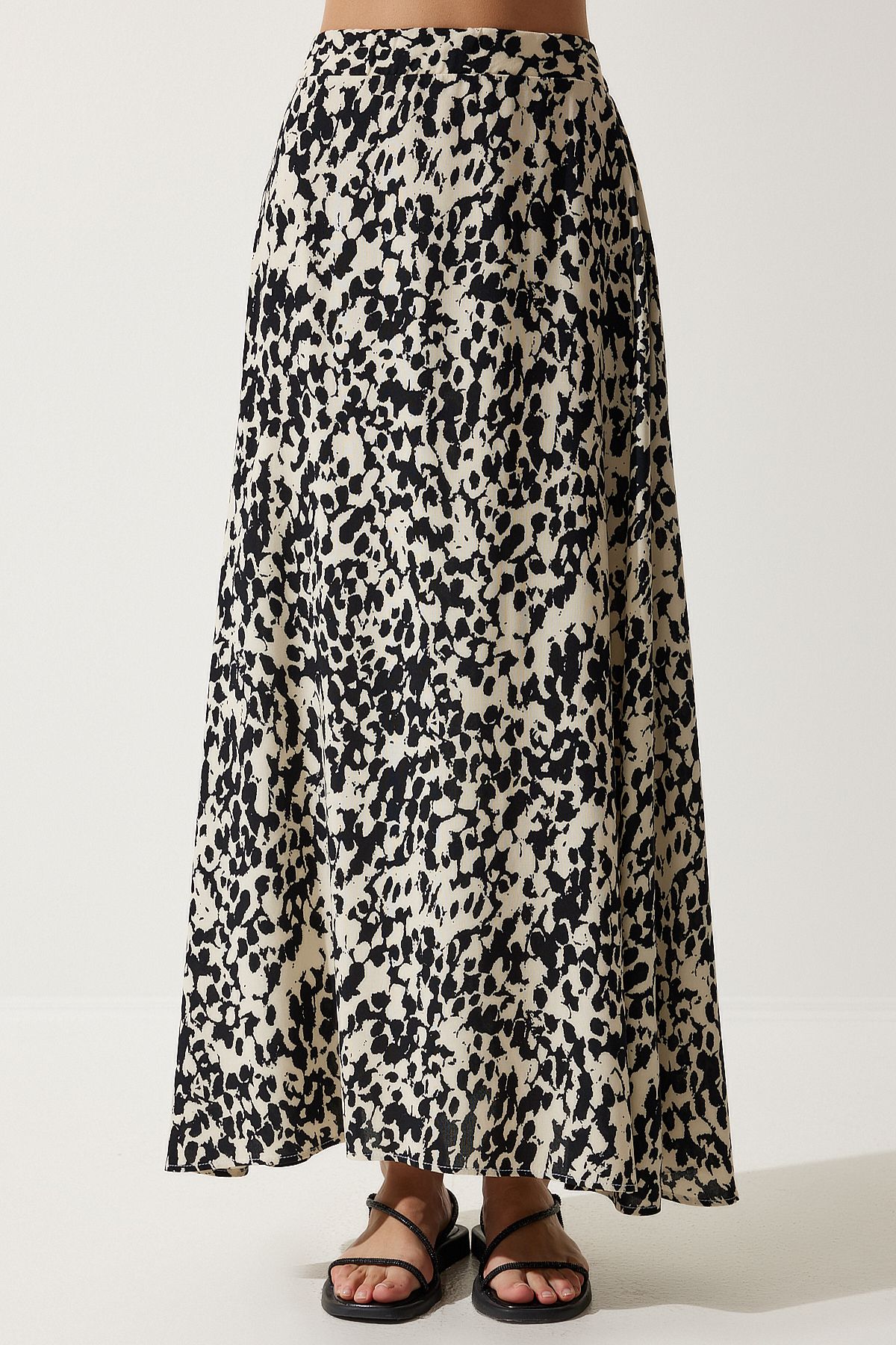 Happiness İstanbul-Creme-schwarz gemusterter langer Viskoserock für Damen DD01302 4