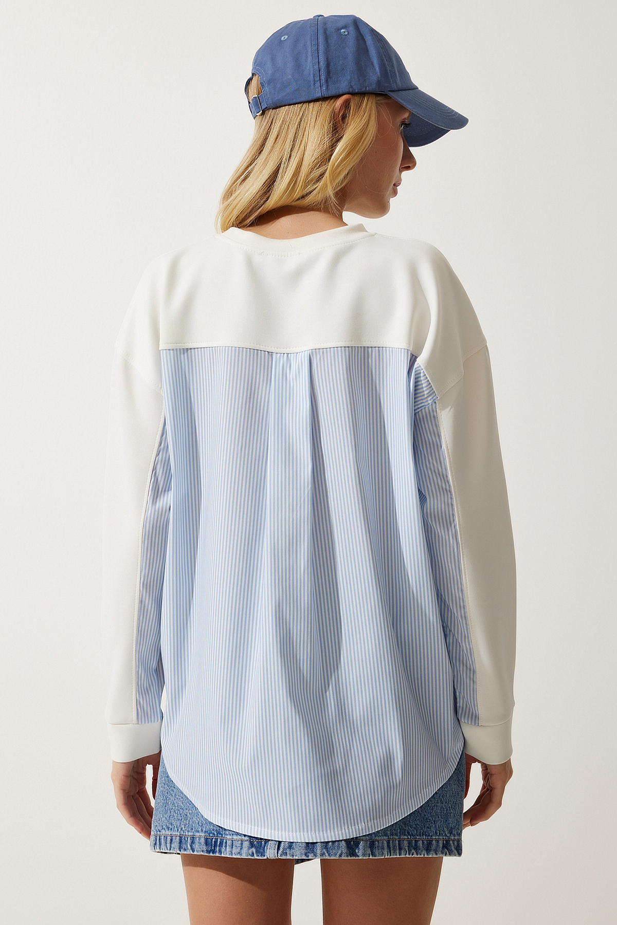 Happiness İstanbul  Kadın Ekru Mavi Poplin Detaylı Örme Sweatshirt MC00274 - Görsel 5