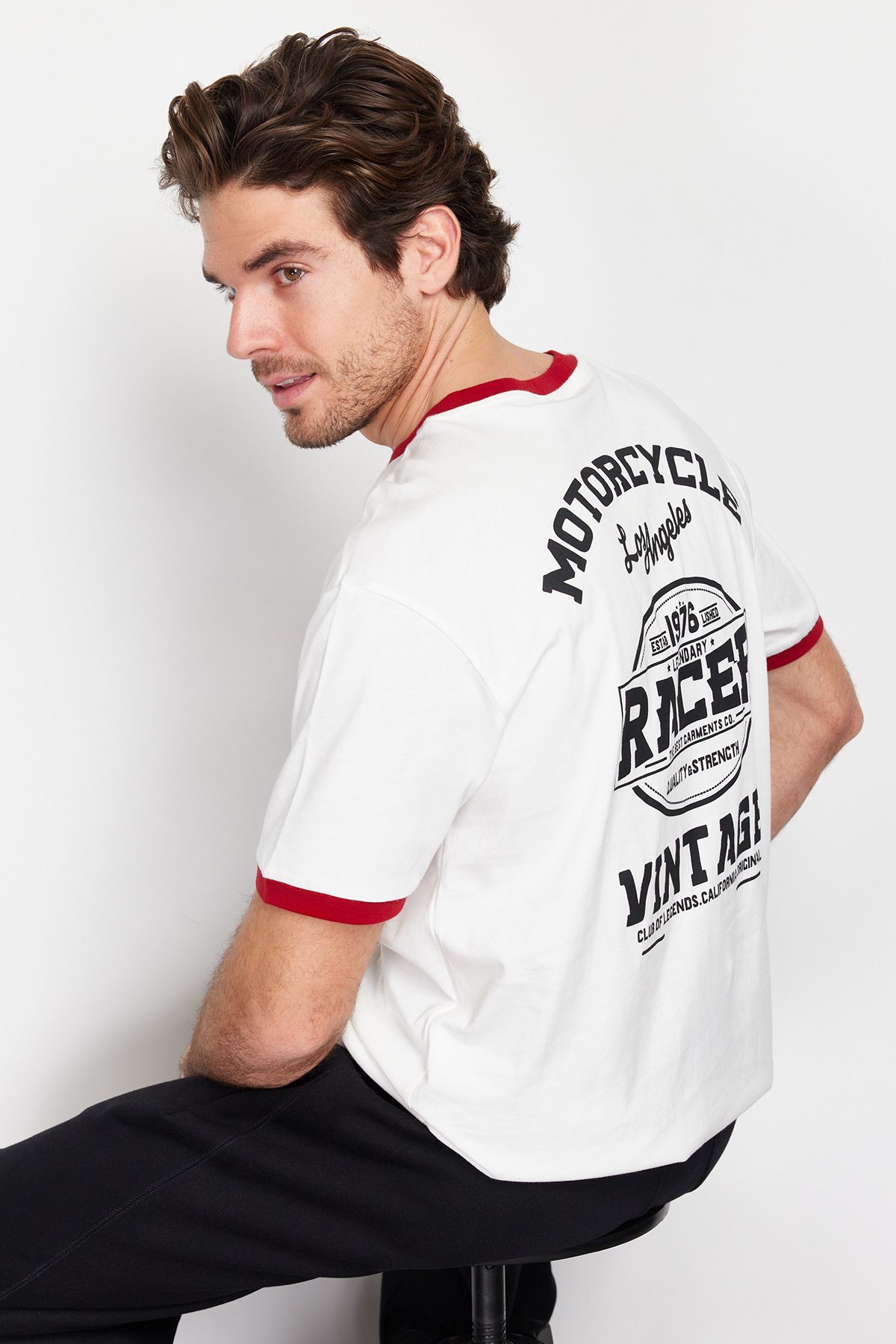 Trendyol Collection-Ecru Color Block Printed Oversize Cotton T-Shirt - Tmnss24Ts00103 1