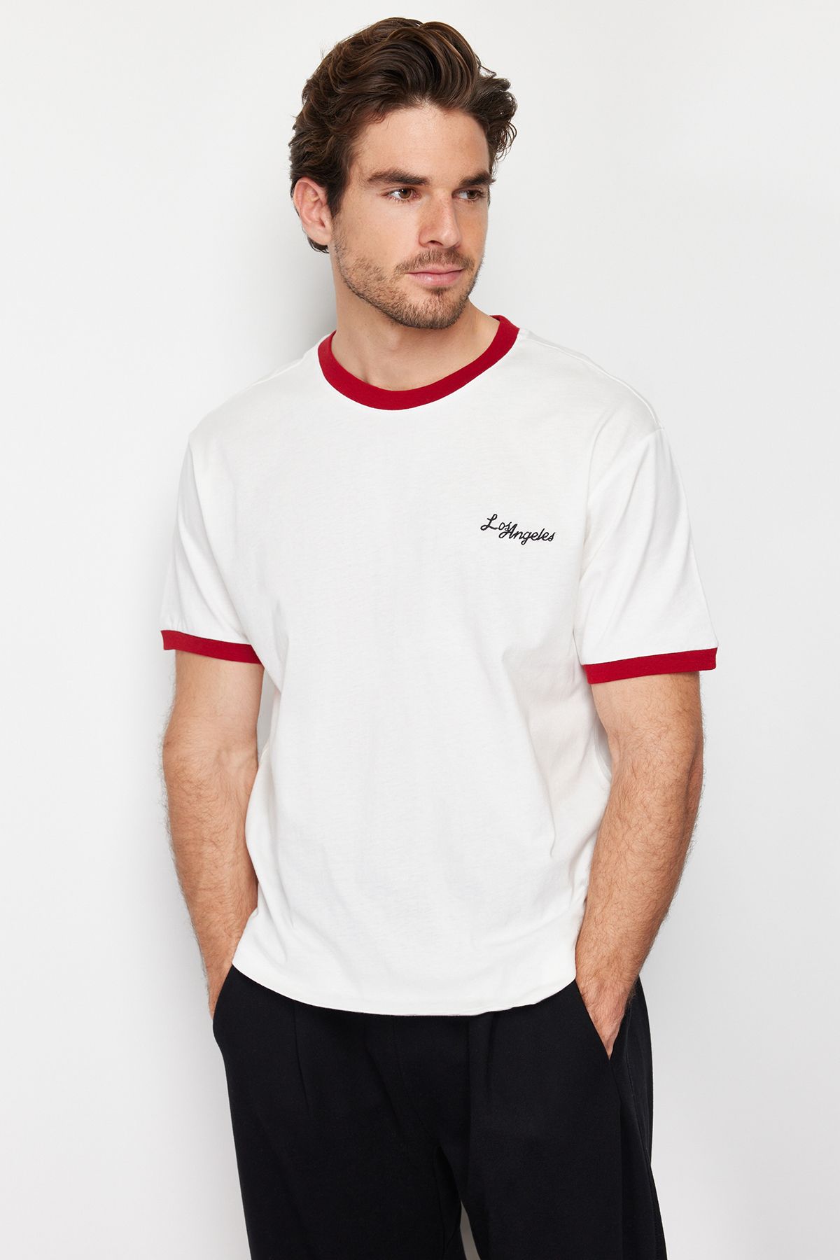 Trendyol Collection-Ecru Color Block Printed Oversize Cotton T-Shirt - Tmnss24Ts00103 3