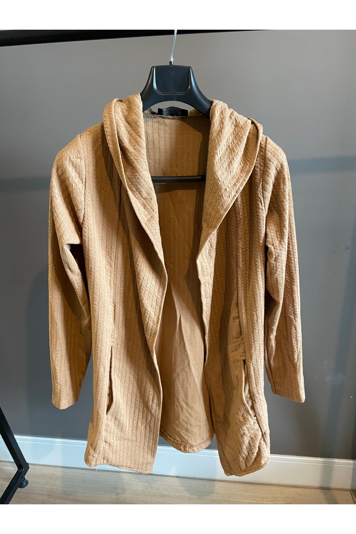Unisex Asymmetrical Cut Cotton Self-Patterned Beige Long Sleeve Cardigan Poncho