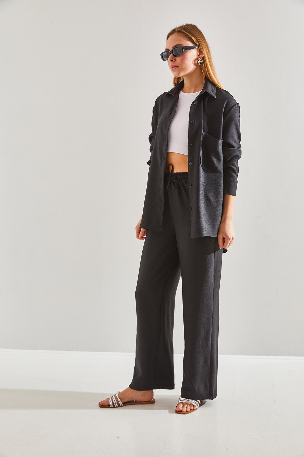 Bianco Lucci-Women's Elastic Waist Trousers Bottom and Top Set 6