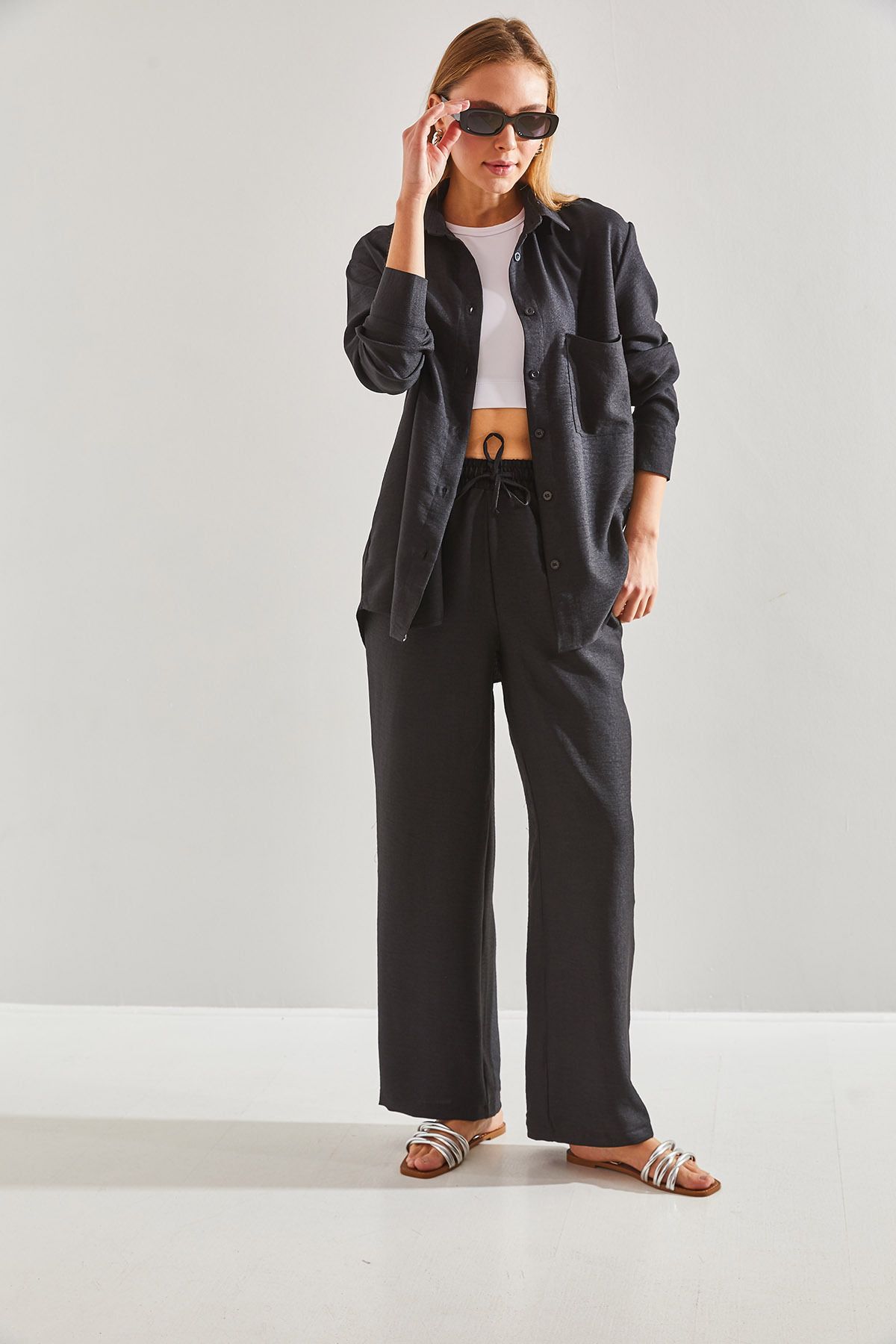 Bianco Lucci-Women's Elastic Waist Trousers Bottom and Top Set 2