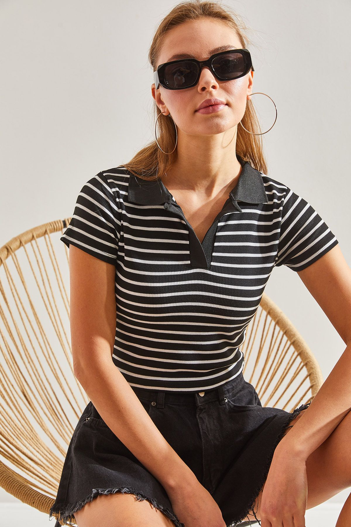 Bianco Lucci-Women's Polo Neck Striped Blouse 6