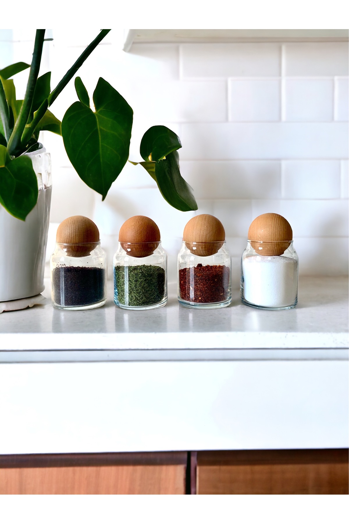 Glass Spice Holder Set with Wooden Ball Lid 4 Pieces 250 ml