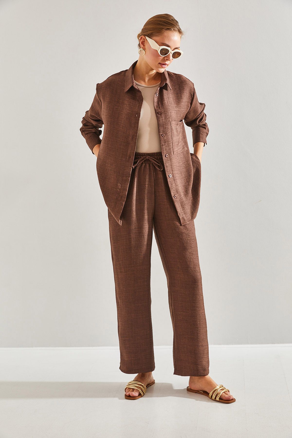 Bianco Lucci-Women's Elastic Waist Trousers Bottom and Top Set 3