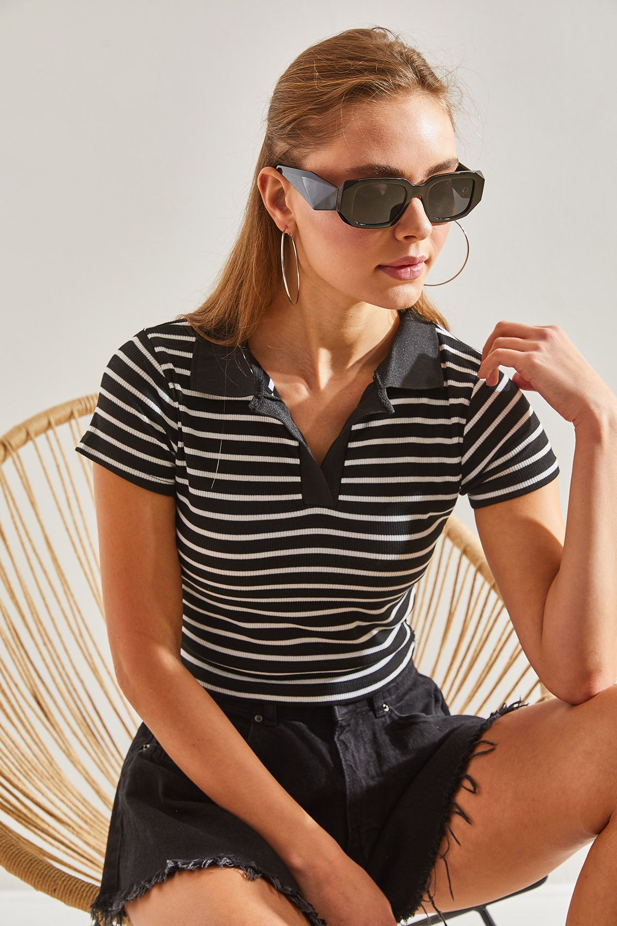 Bianco Lucci-Women's Polo Neck Striped Blouse 8
