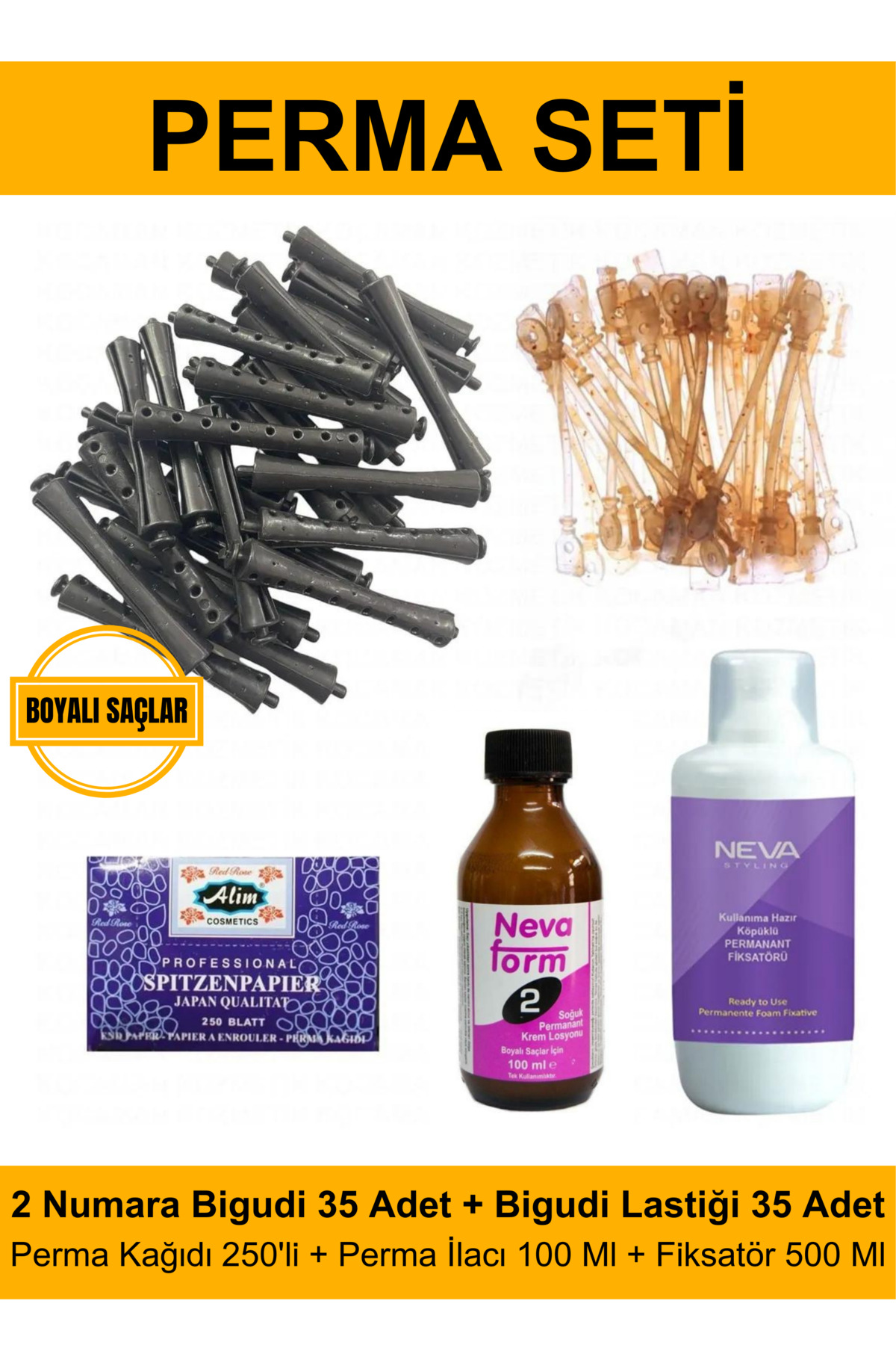 Kocaman Kozmetik Perma Bigudi Full Set No:2 - Boyalı Saçlar (Bigudi + Lastik + Perma Kağıdı + Perma İlacı + Fiksatör) — PRMFLLST2