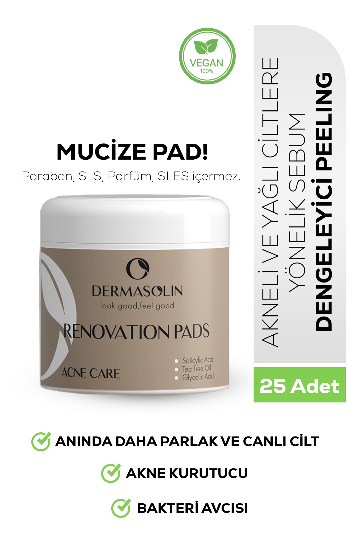 DERMASOLİN Siyah Nokta Ve Akneye Karşıtı, Gözenek Sıkılaştırıcı, Yağ Dengeleyici Peeling Etkili Peds — DERMAPAD