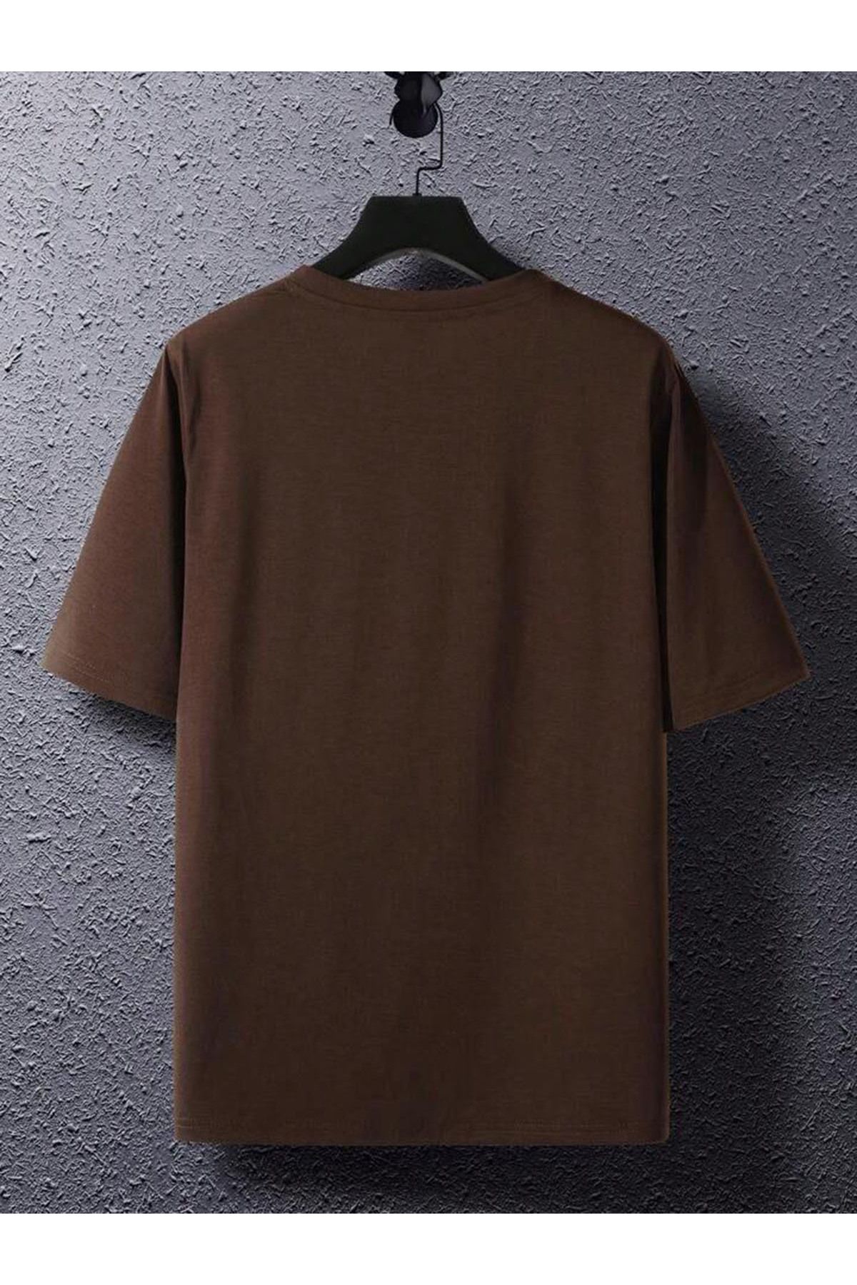 Buğraterzimoda-California Printed Crew Neck Brown Oversize T-Shirt 3