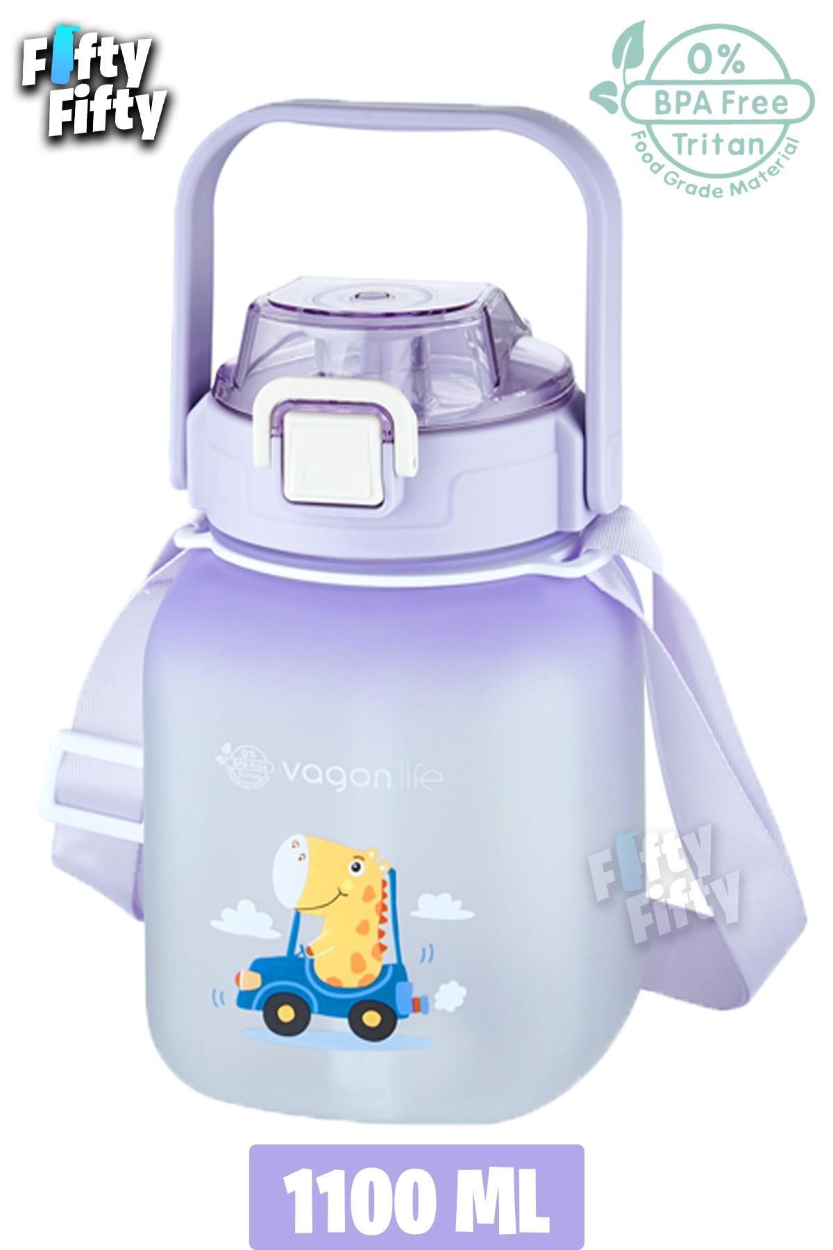 قمقمه ورزشی بنفش دخترانه و پسرانه بچگانه Tritan 1100 ML HINGER PIIPE PIPER جریان آب Vagonlife