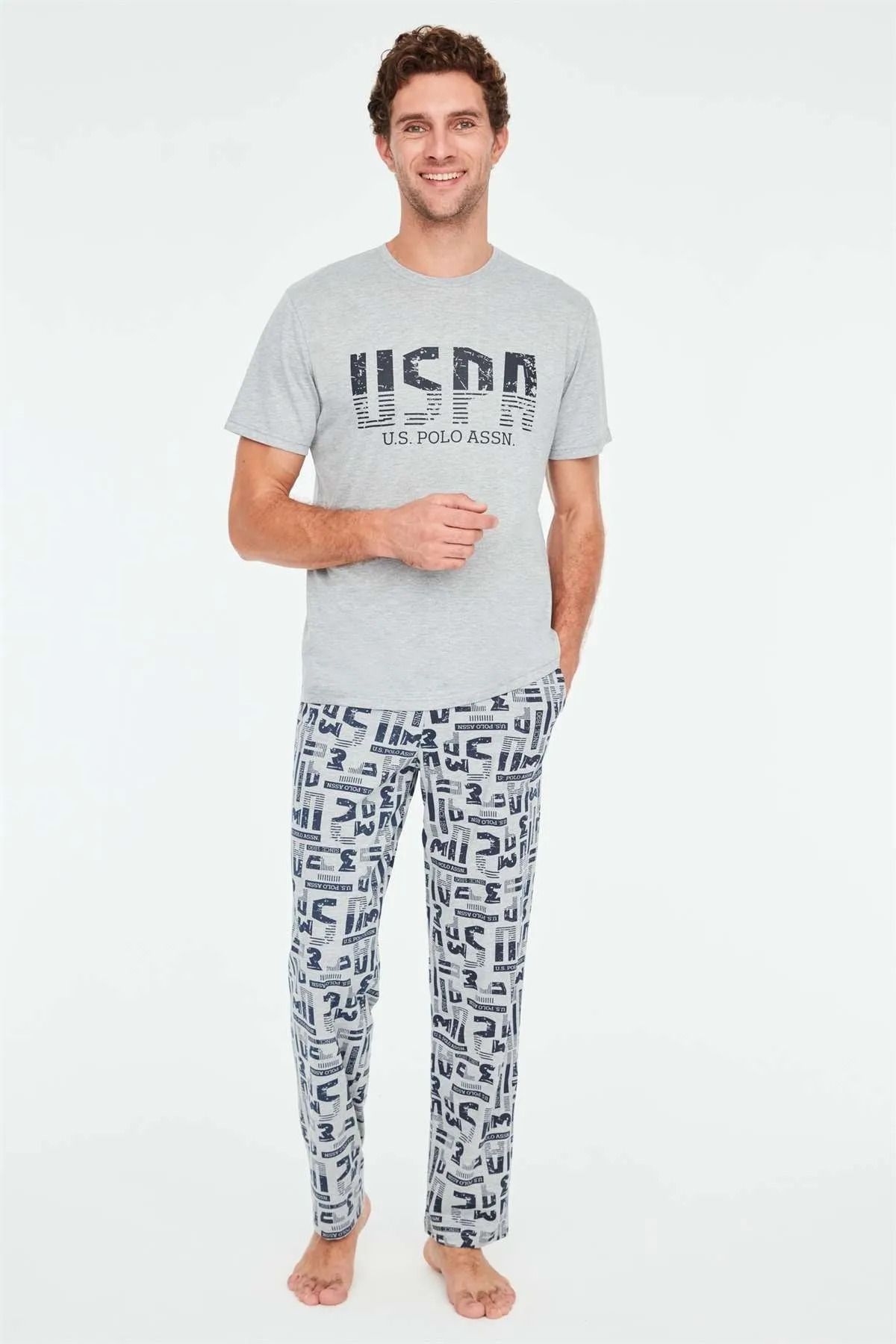 شلوار پیژامه خاکستری مردانه پایه. ست لباس خواب یقه گرد Polo Assn U.S. Polo Assn.