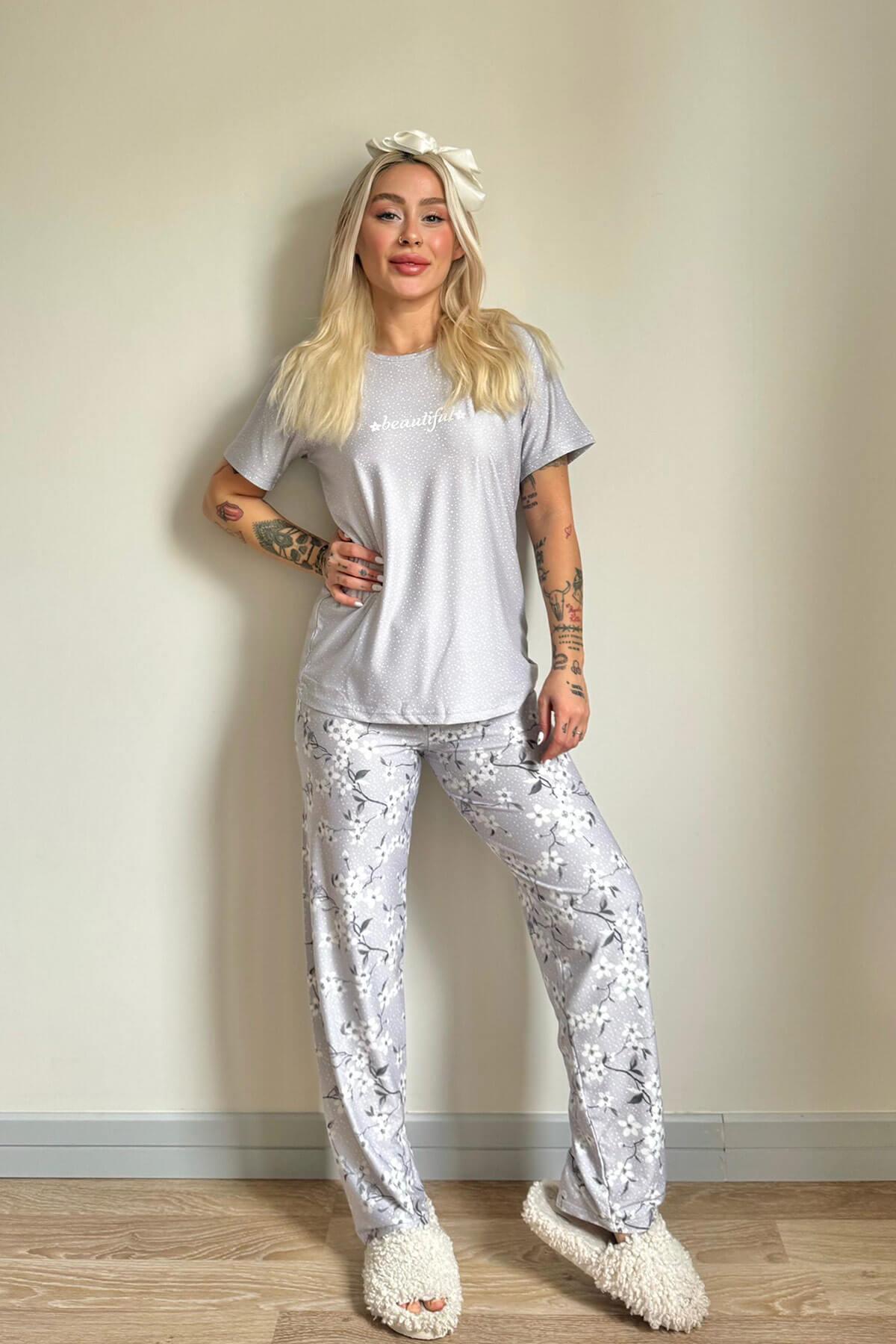 Pijamaevi-Gray Beautiful Patterned Short Sleeve Knitted Women's Pajamas Set 6