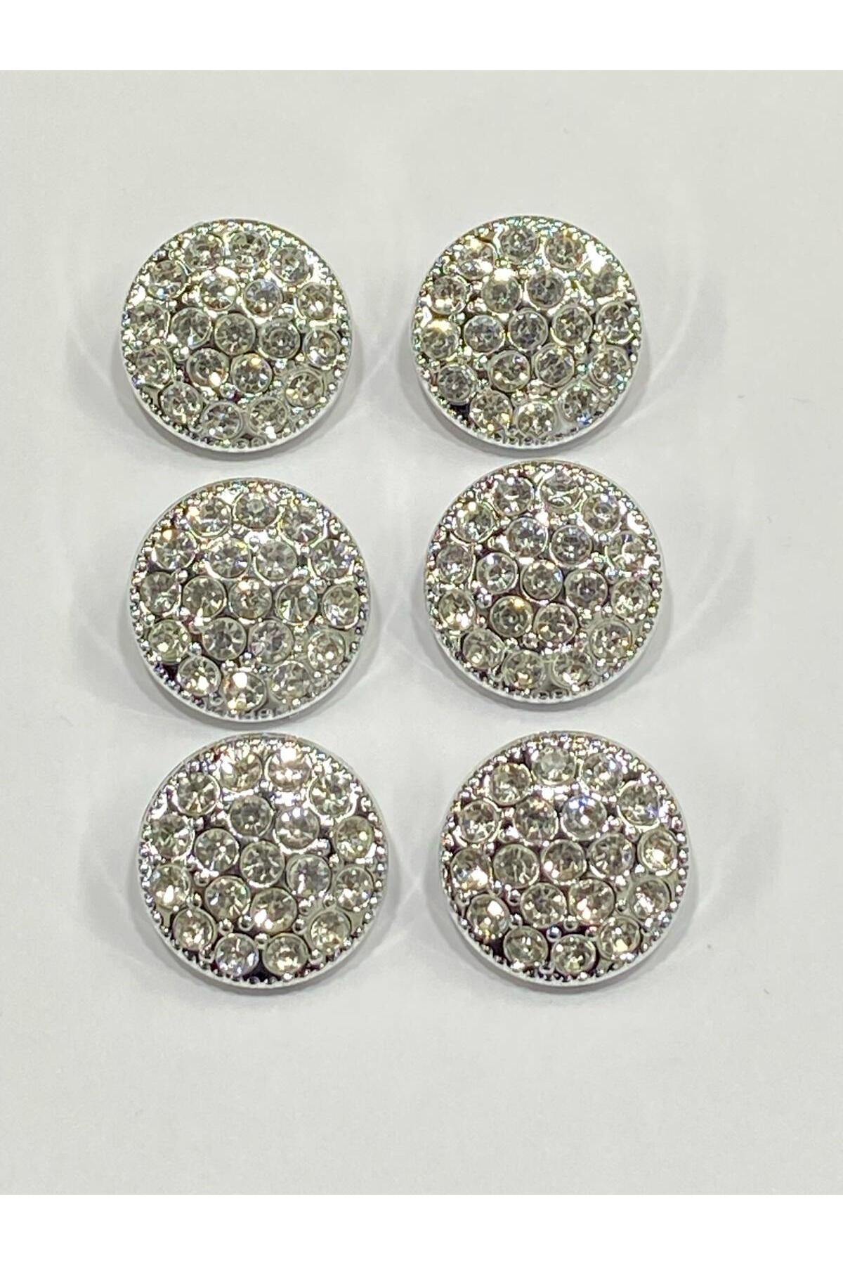 Stoned Button / Metalized (plastic) / Silver / Set of 6 / 2 cm