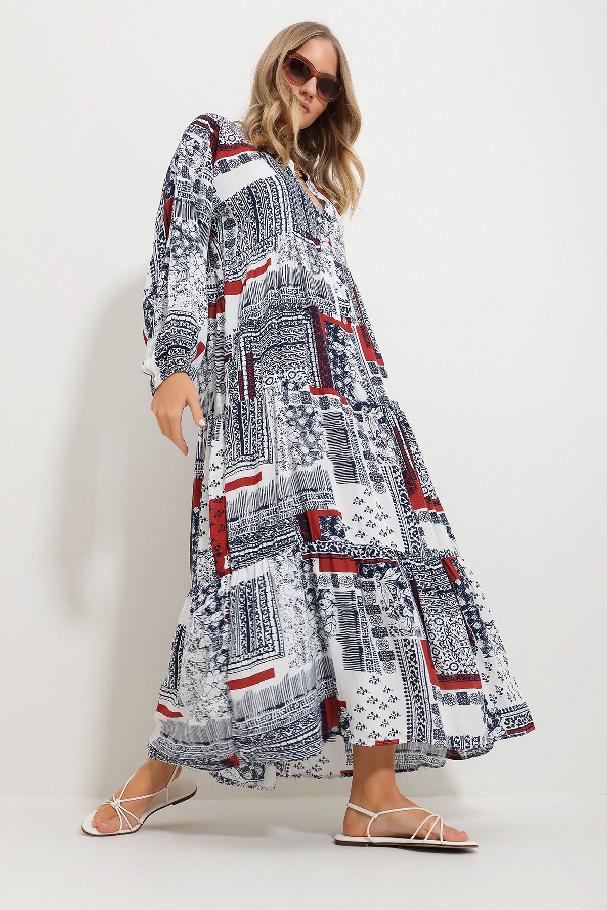 Trend Alaçatı Stili-Rochie lungă maxi cu modele cu șal cu guler judecător scorțișoară pentru femei Alc-X11593 4
