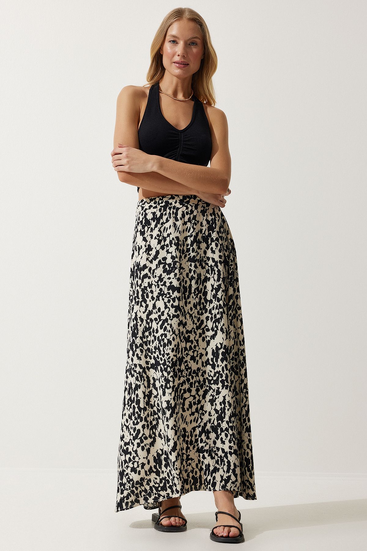Happiness İstanbul-Creme-schwarz gemusterter langer Viskoserock für Damen DD01302 3