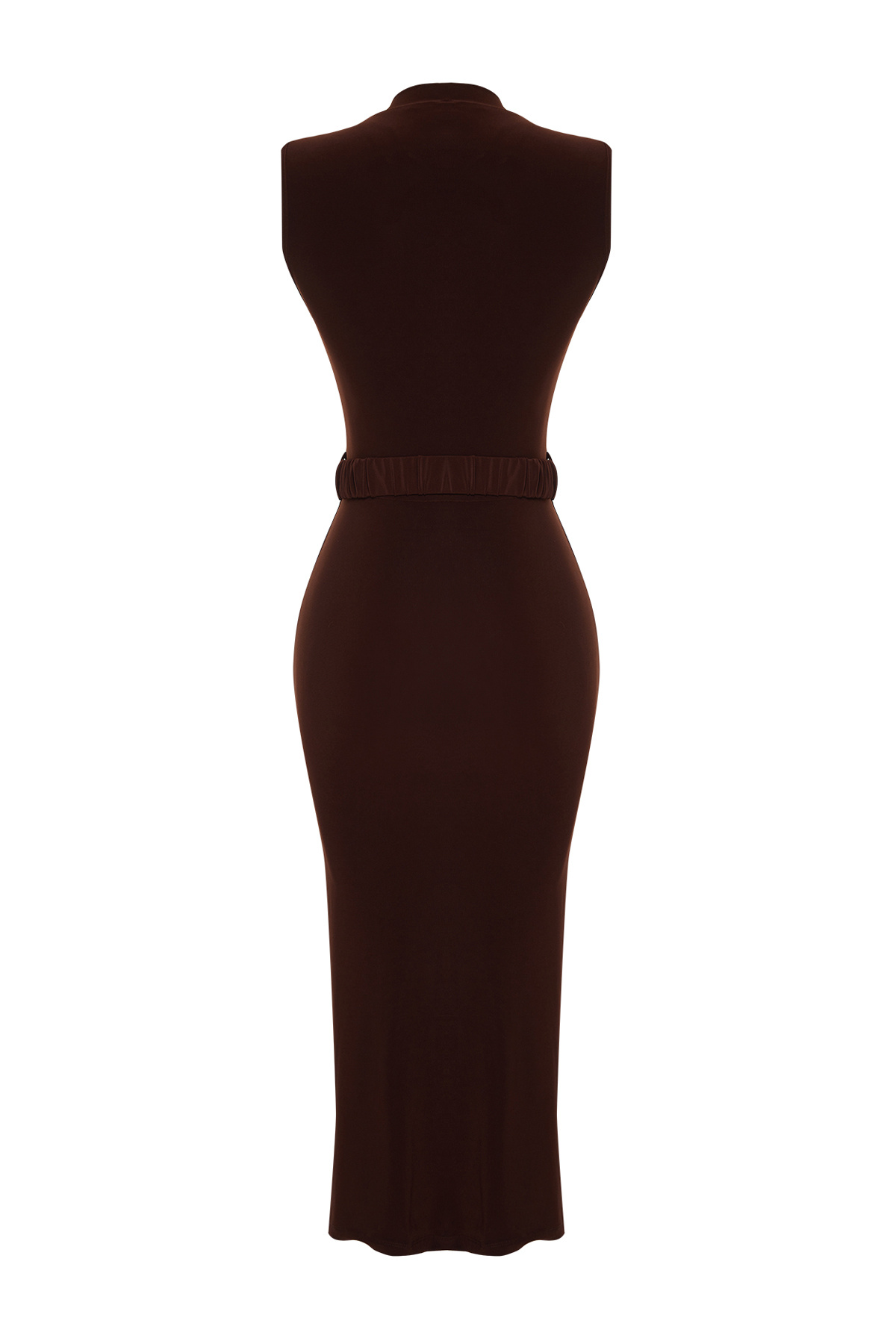 Trendyolmilla  Koyu Kahverengi Vücuda Oturan Drape Detaylı Kemerli Midi Esnek Örme Kalem Elbise TWOSS22EL0756 - Görsel 8