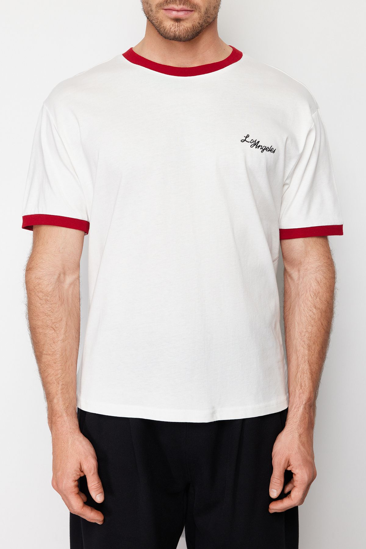 Trendyol Collection-Ecru Color Block Printed Oversize Cotton T-Shirt - Tmnss24Ts00103 4