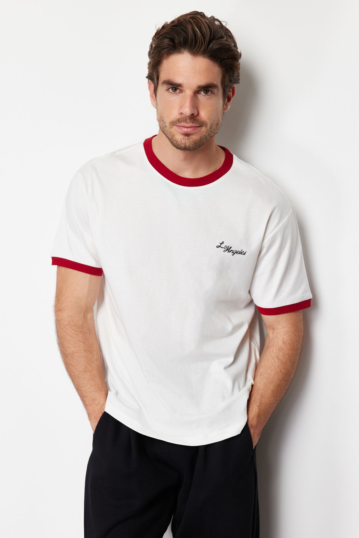 Trendyol Collection-Ecru Color Block Printed Oversize Cotton T-Shirt - Tmnss24Ts00103 2